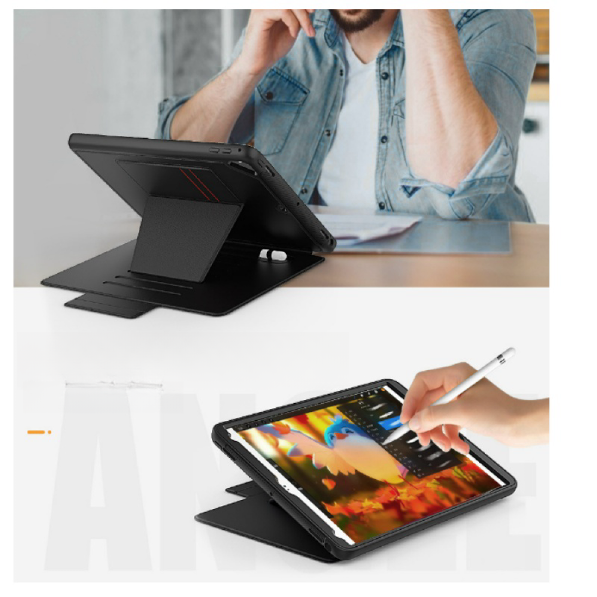 Tablet z czarnym etui jest podparty. Osoba używa rysika na ekranie, edytując obraz. Powyżej znajduje się inny tablet.