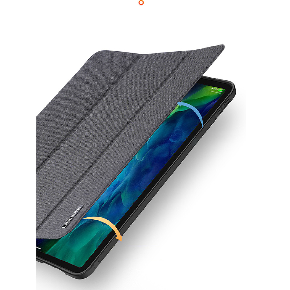 Tablet z ciemnoszarą obudową, częściowo otwarty. Ekran wyświetla kolorowy obraz. Obudowa jest teksturowana i ma nazwę marki.