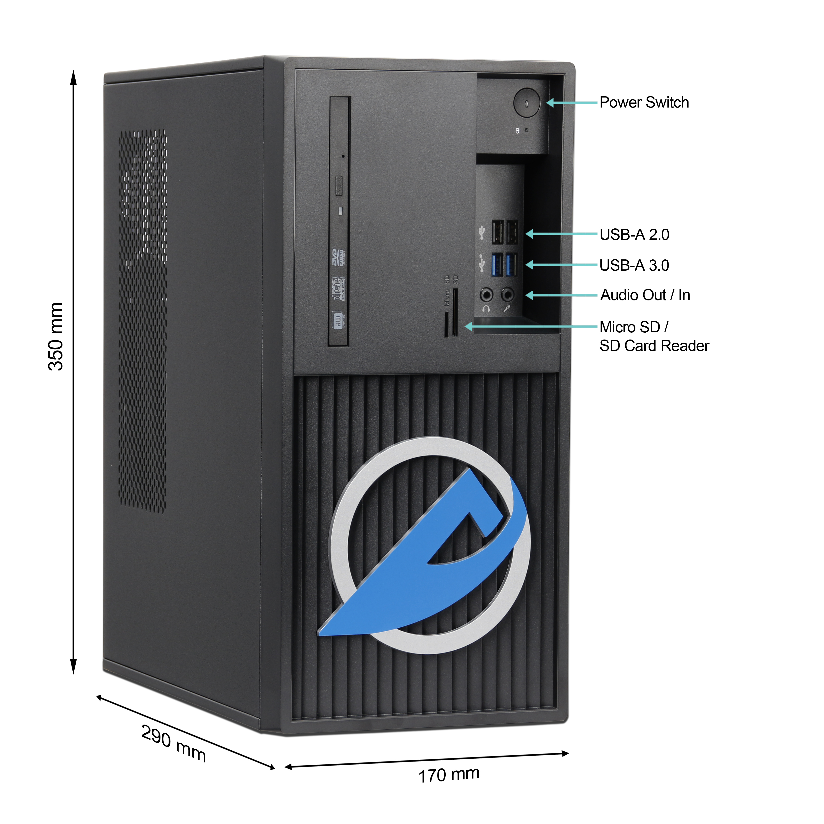 Ein schwarzer Computerturm mit Maßen. Es hat ein DVD-Laufwerk, USB-Anschlüsse und ein Logo. Ein Netzschalter ist sichtbar.