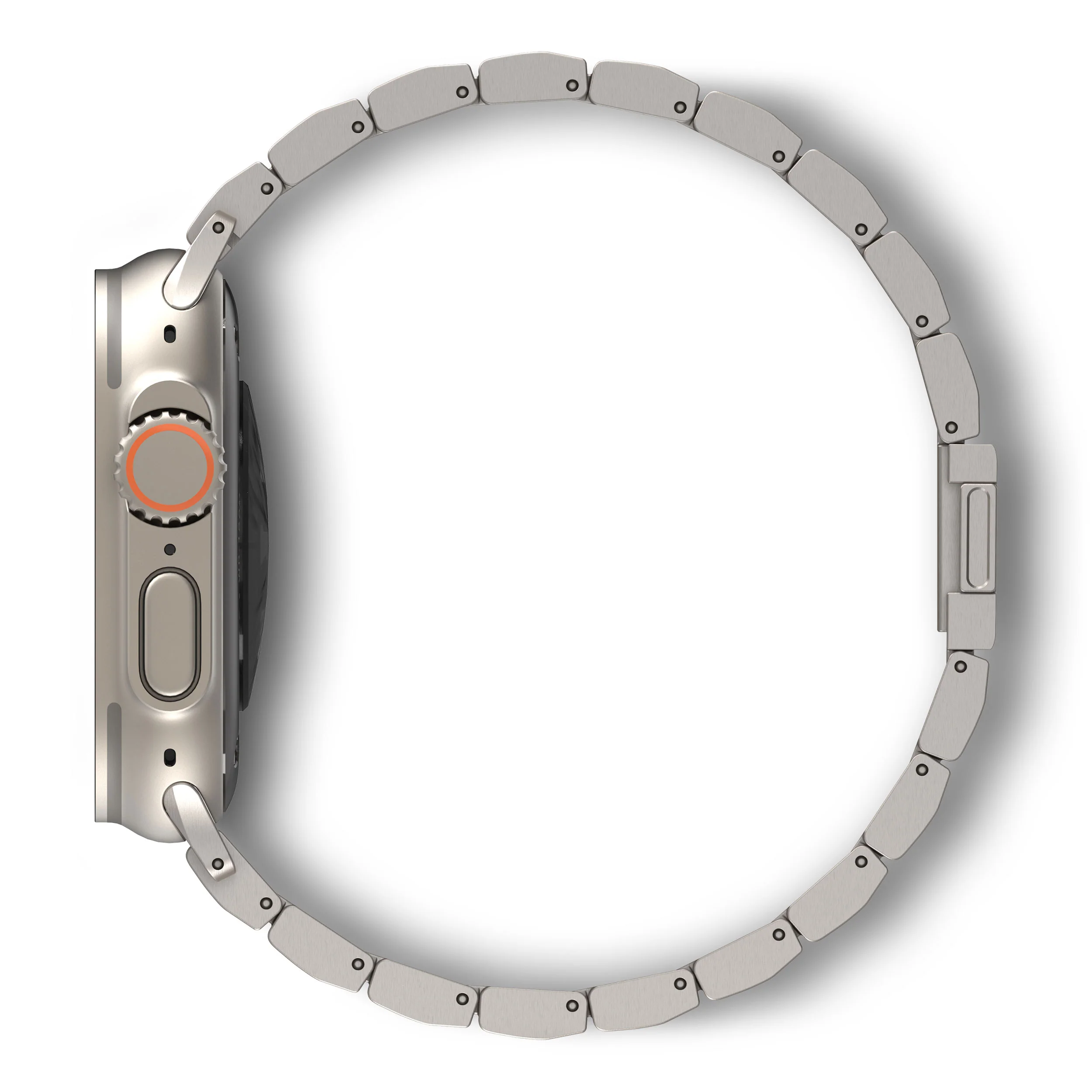 Zijaanzicht van een zilveren smartwatch met bijpassende metalen band, op een witte achtergrond. De kroon heeft een oranje ring.