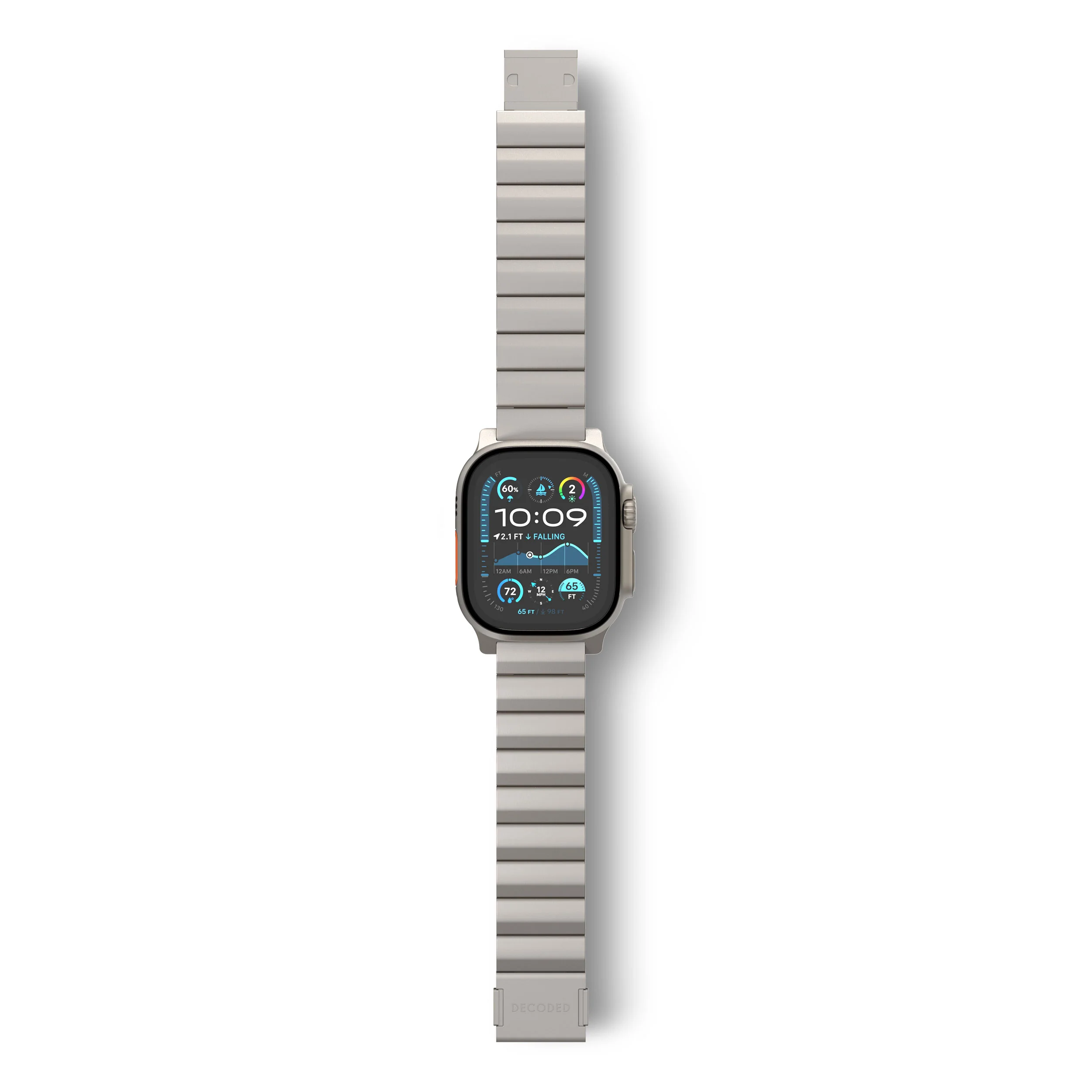Een lichtgrijze Apple Watch Ultra met bijpassende band is gecentreerd op een witte achtergrond. De tijd is 10:09.