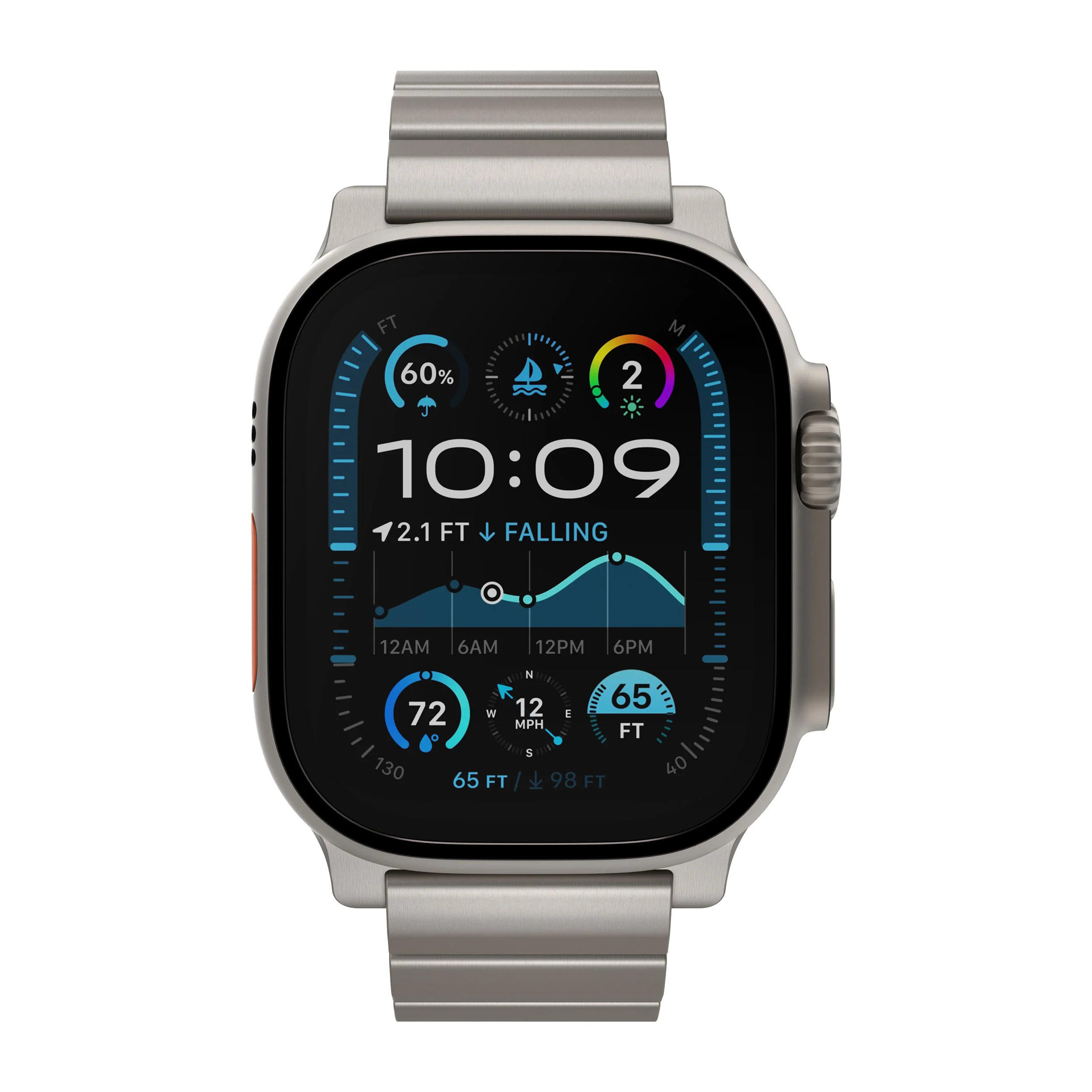 Zilveren smartwatch toont tijd, weergegevens en statistieken. Het heeft een metalen band en een zwart scherm met blauwe en groene gegevens.