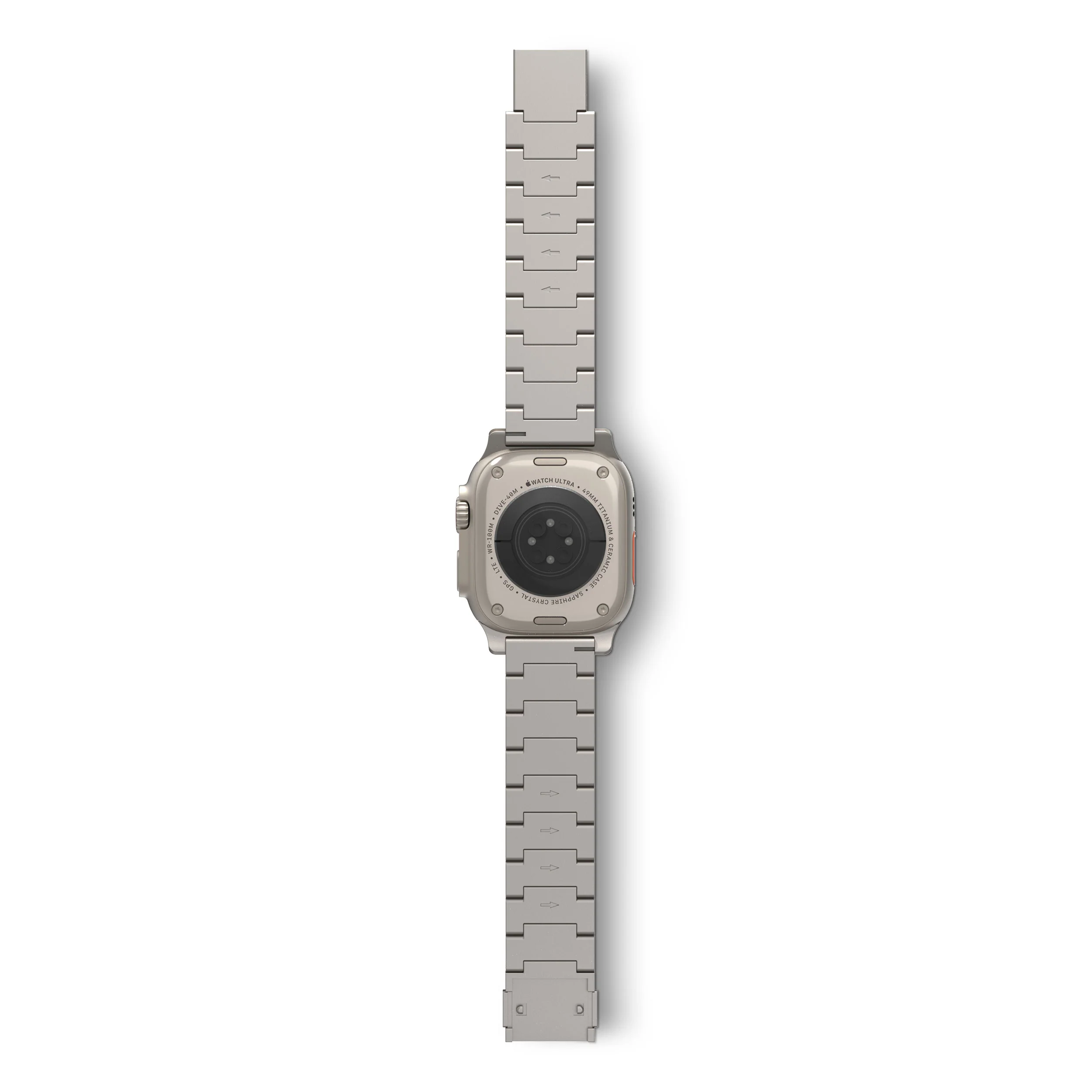 Een zilveren Apple Watch Ultra wordt getoond en toont de achterkant. De band is ook zilver. Witte achtergrond.