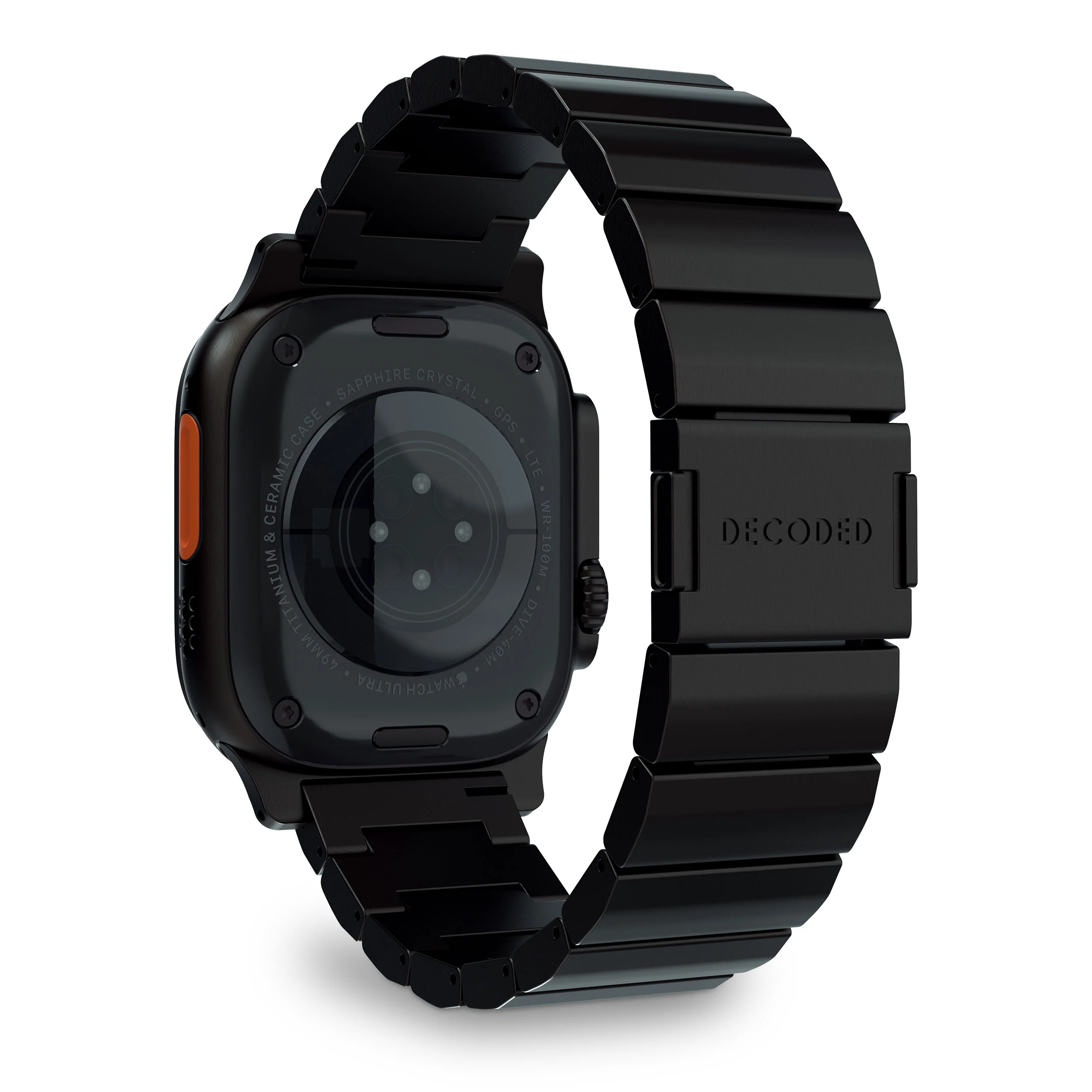 Apple Watch Ultra noire avec bracelet en métal noir. Le boîtier a un accent orange sur fond blanc.