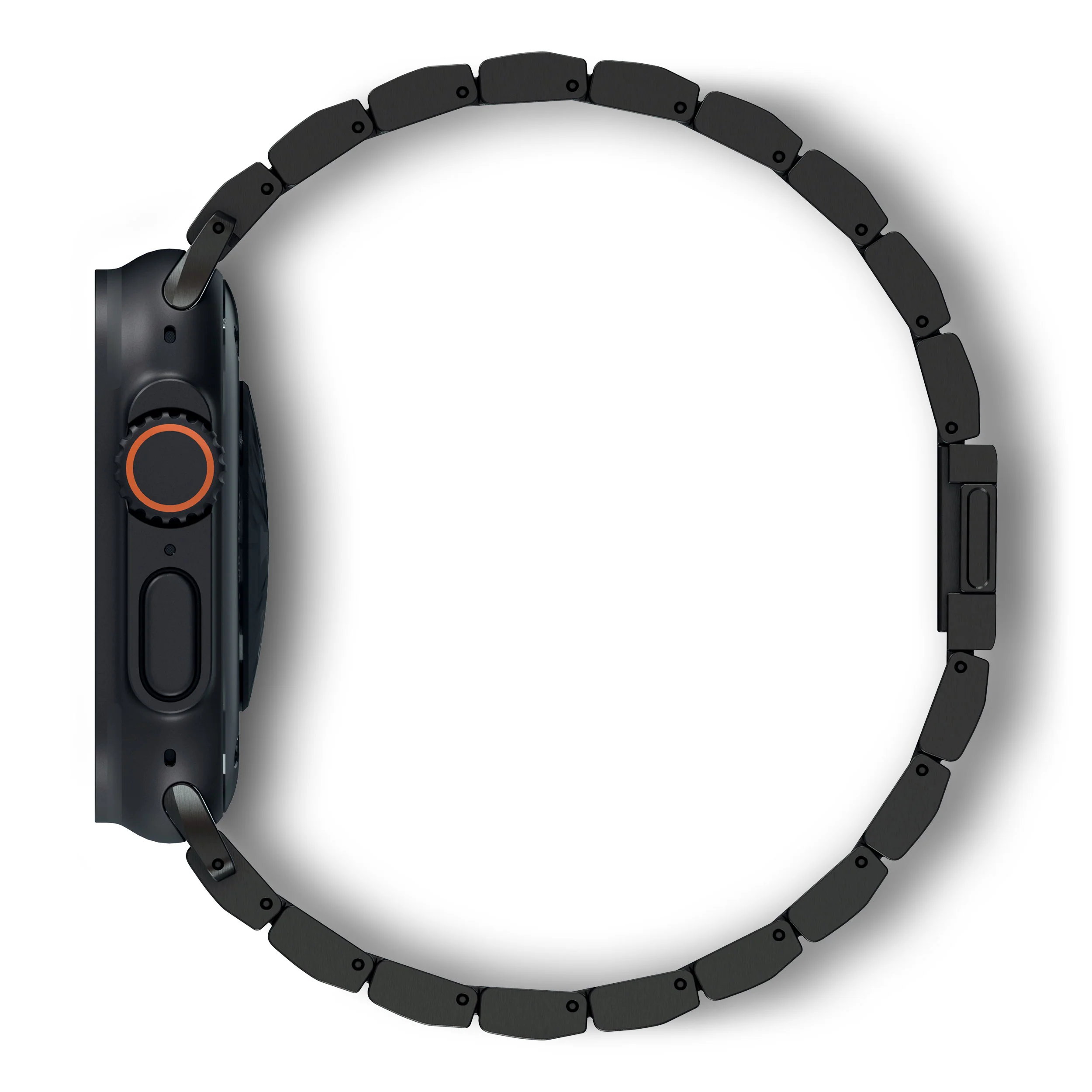 Montre connectée noire avec bracelet assorti, vue latérale, sur fond blanc. Bouton orange sur le côté.