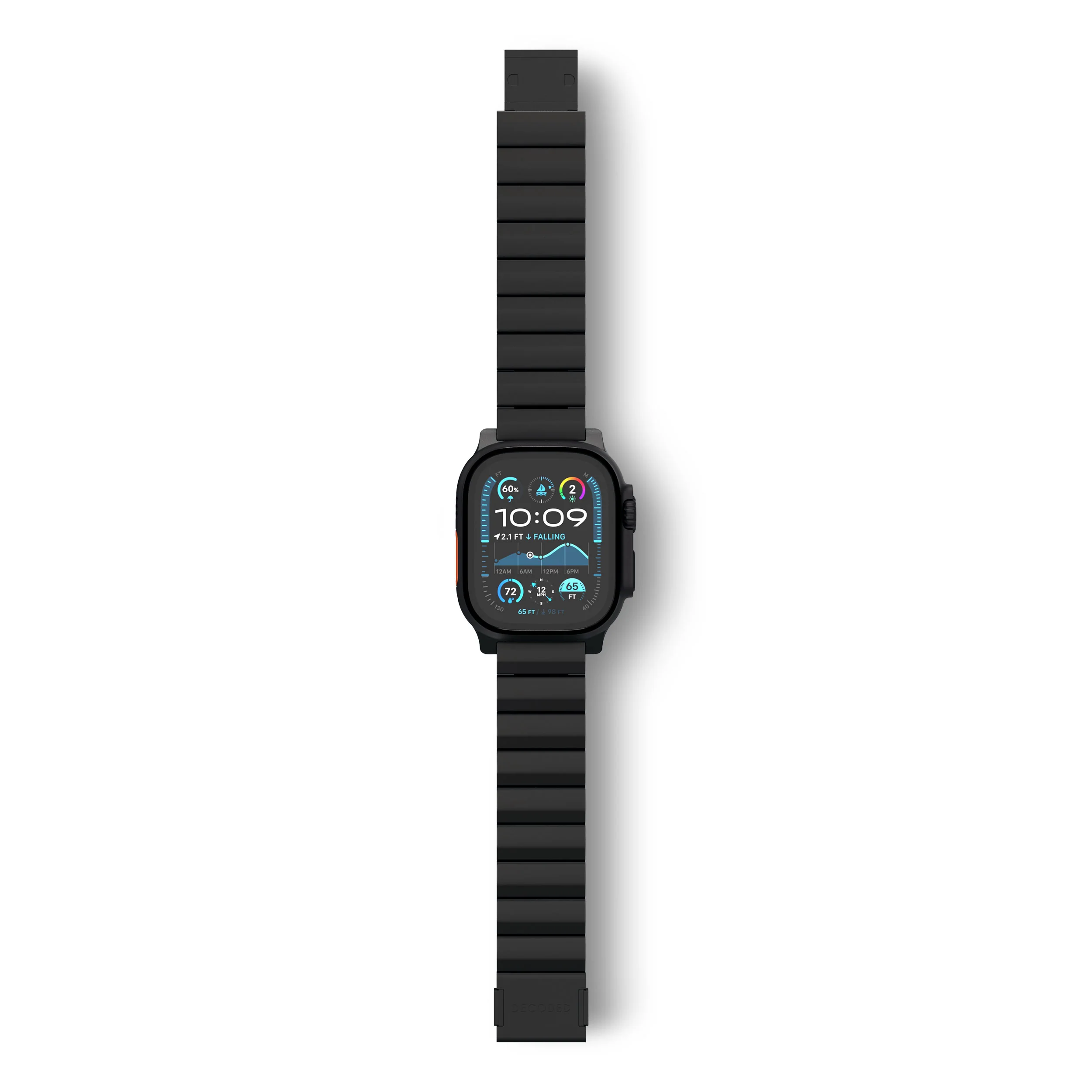 Une montre intelligente noire avec un bracelet noir affiche l'heure. La montre est sur fond blanc.