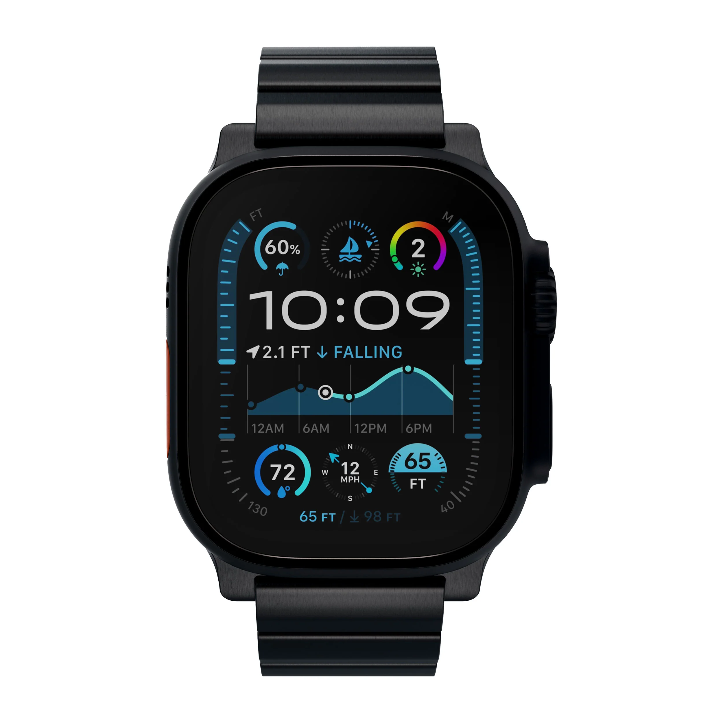 Une montre connectée noire affiche l'heure, la météo et d'autres données. Un bracelet noir maintient la montre. L'écran affiche des mesures.