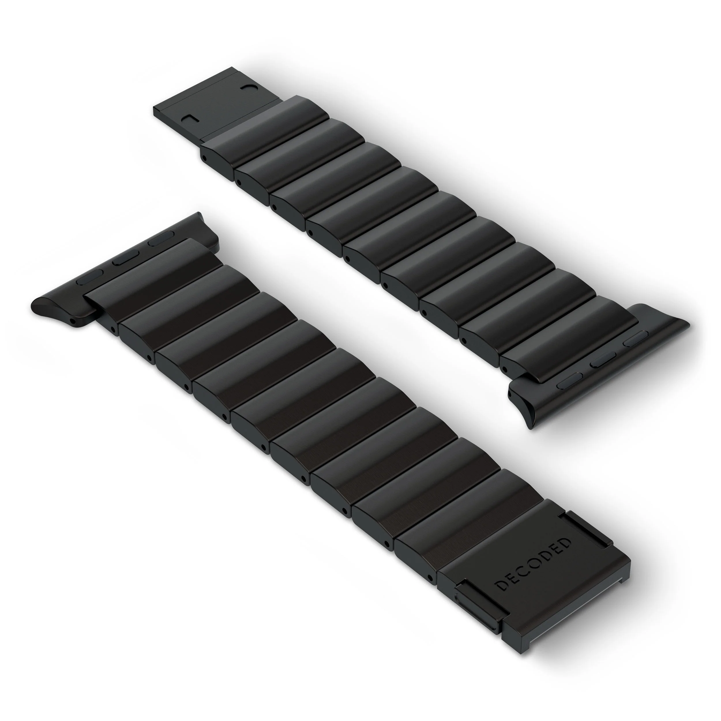 Deux bracelets de montre noirs sur fond blanc. L'un est entièrement visible, l'autre partiellement.