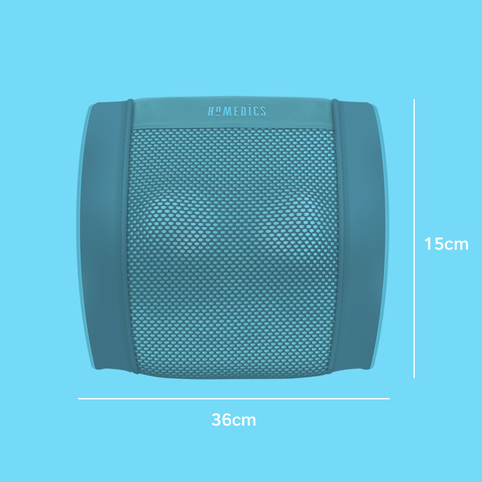 Ein blaues HoMedics-Massagekissen. Es ist 36 cm breit und 15 cm hoch. Der Hintergrund ist hellblau.
