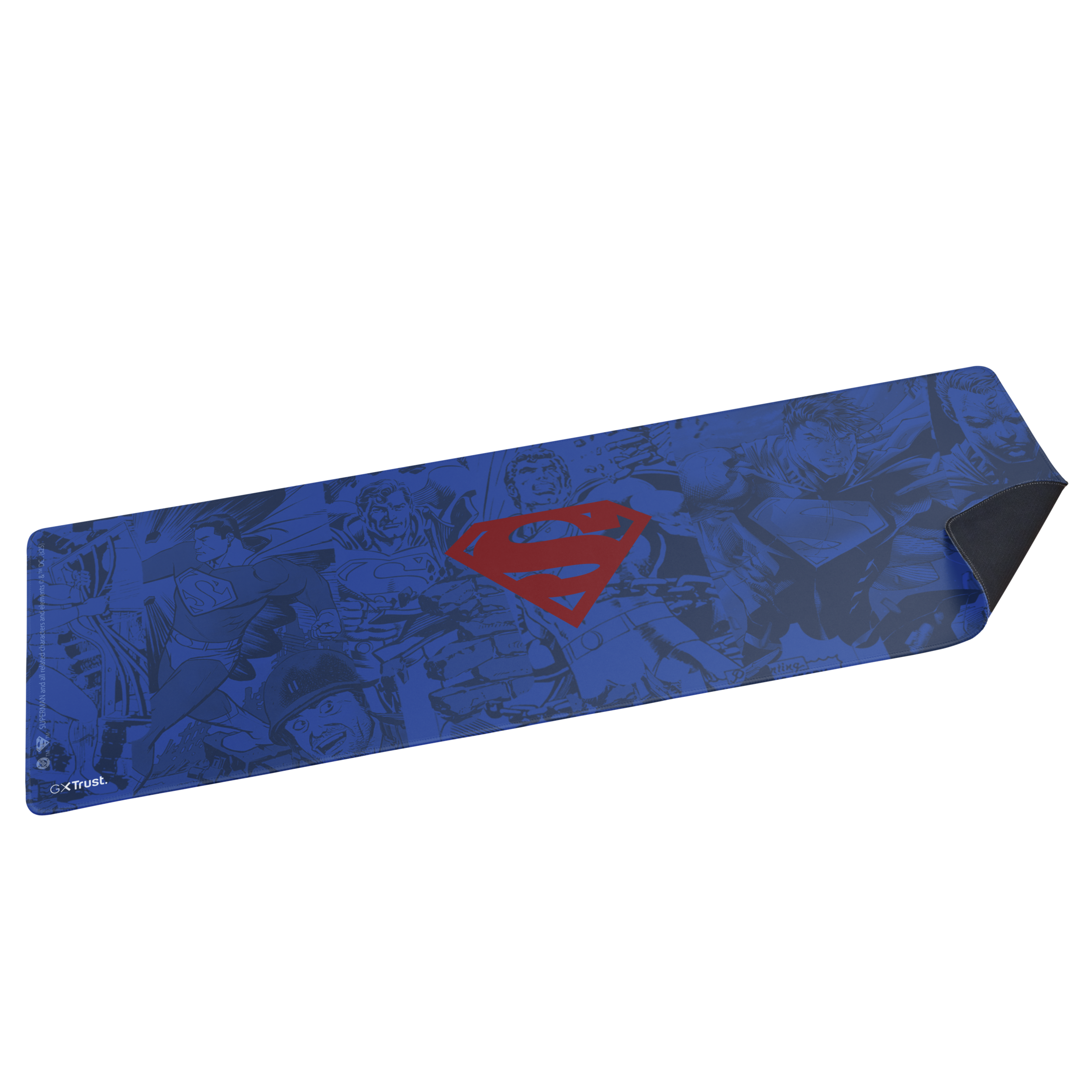 Een blauwe Superman-muismat met stripboekafbeeldingen en een rood Superman-logo op zwarte achtergrond.