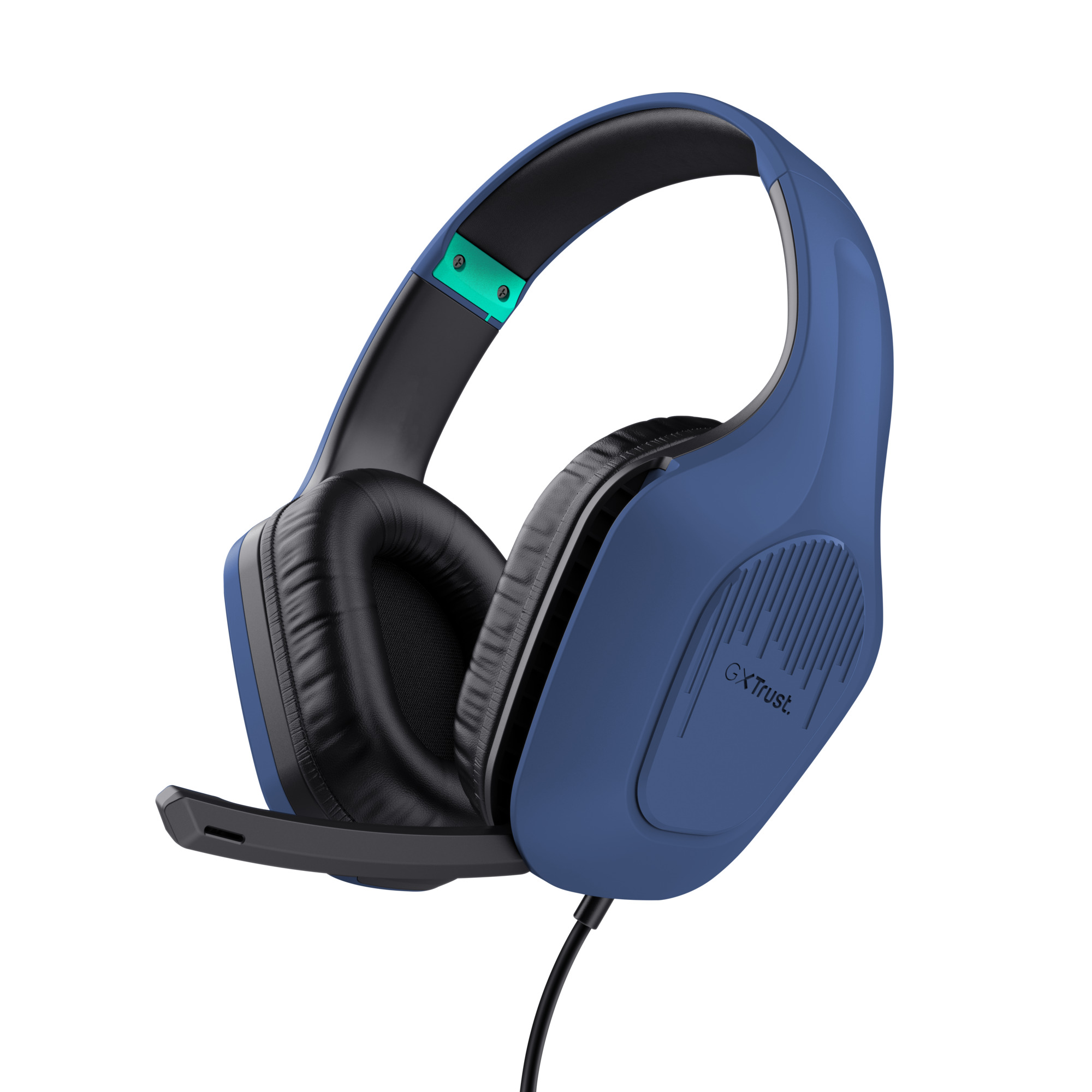 Blauwe en zwarte gaming headset met microfoon, logo GX Trust. aan de zijkant en een zwarte kabel.
