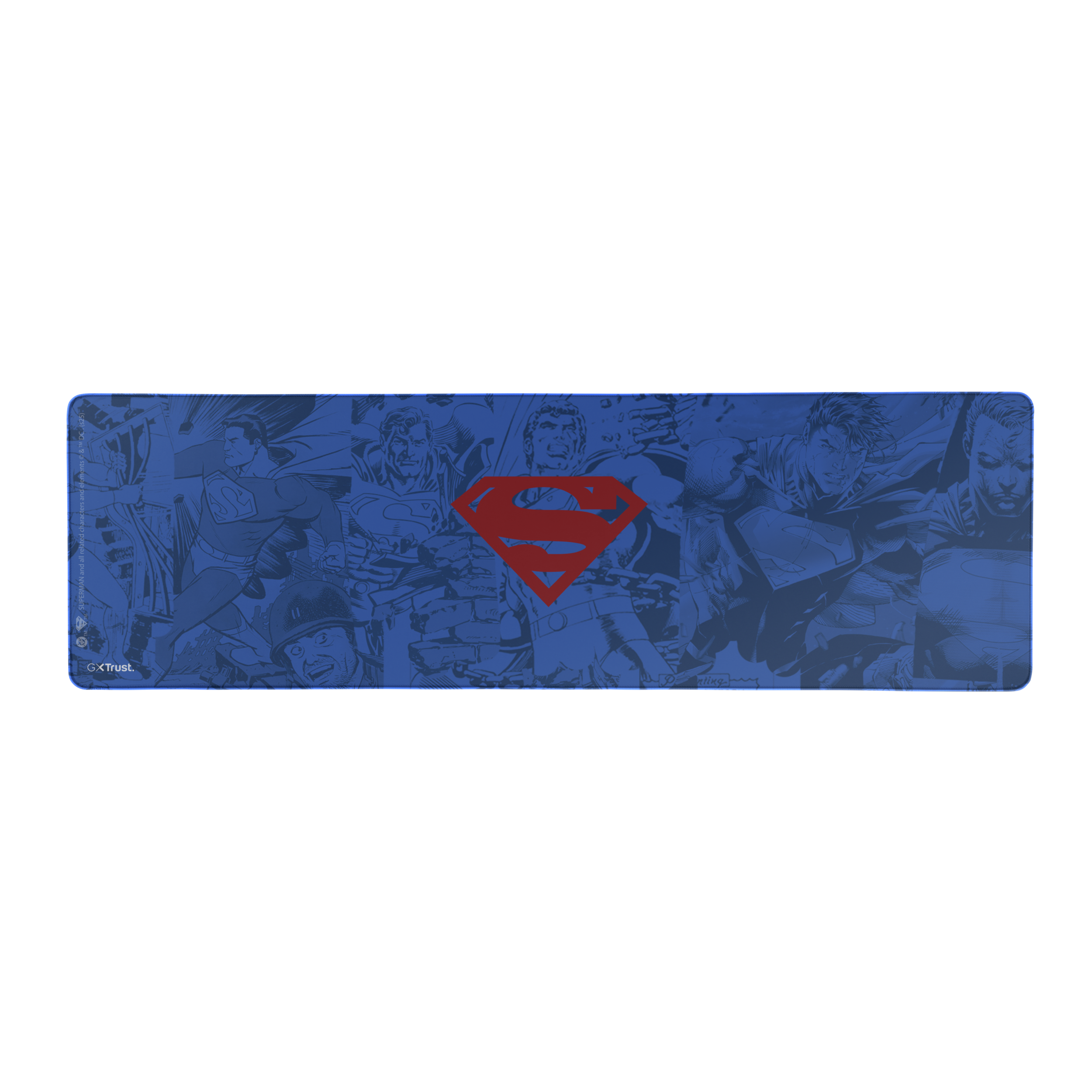 Een blauwe muismat met Superman-stripkunst en een rood Superman-logo in het midden. De achtergrond is zwart.