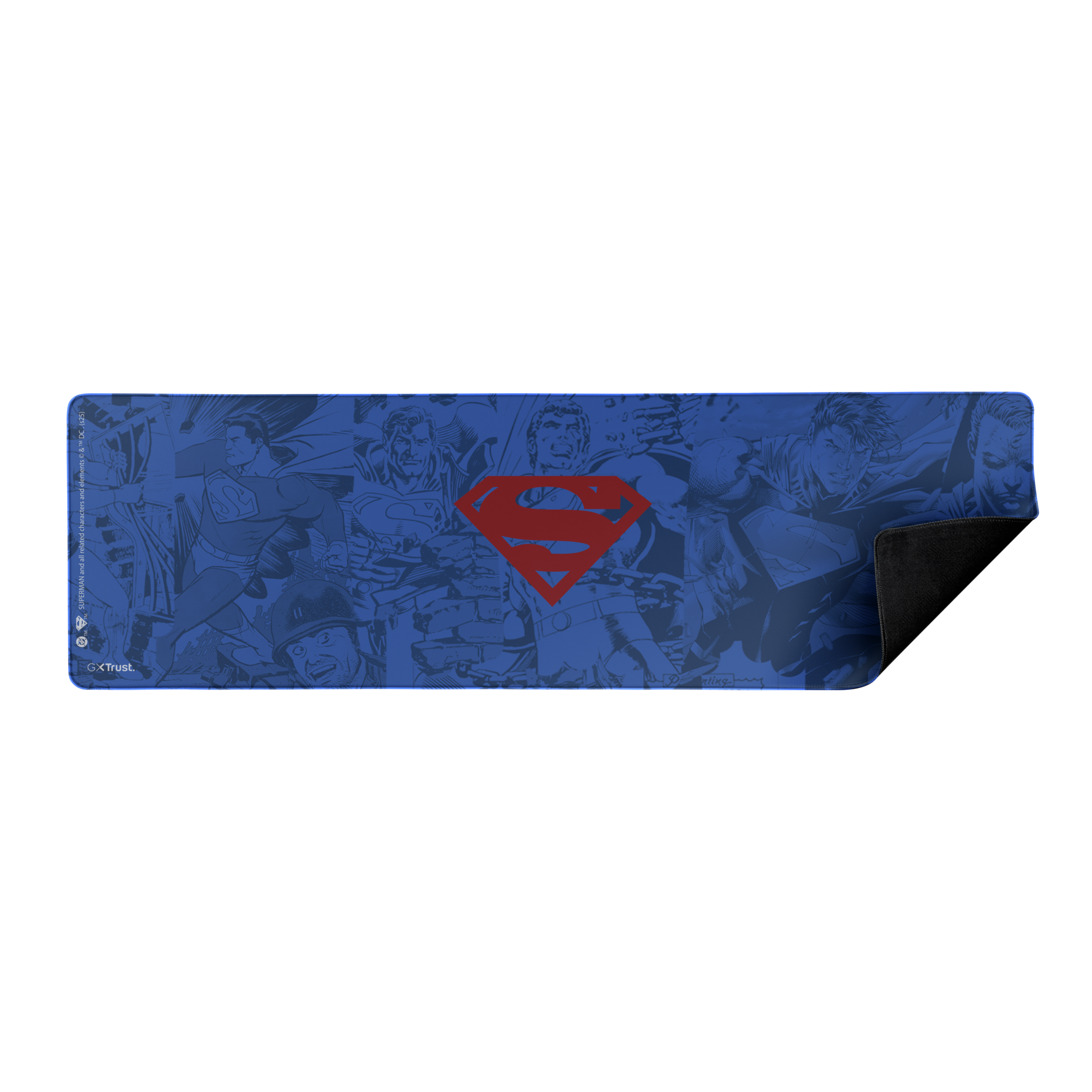 Superman muismat met blauwe achtergrond en Superman-afbeeldingen. Rood Superman-logo in het midden.