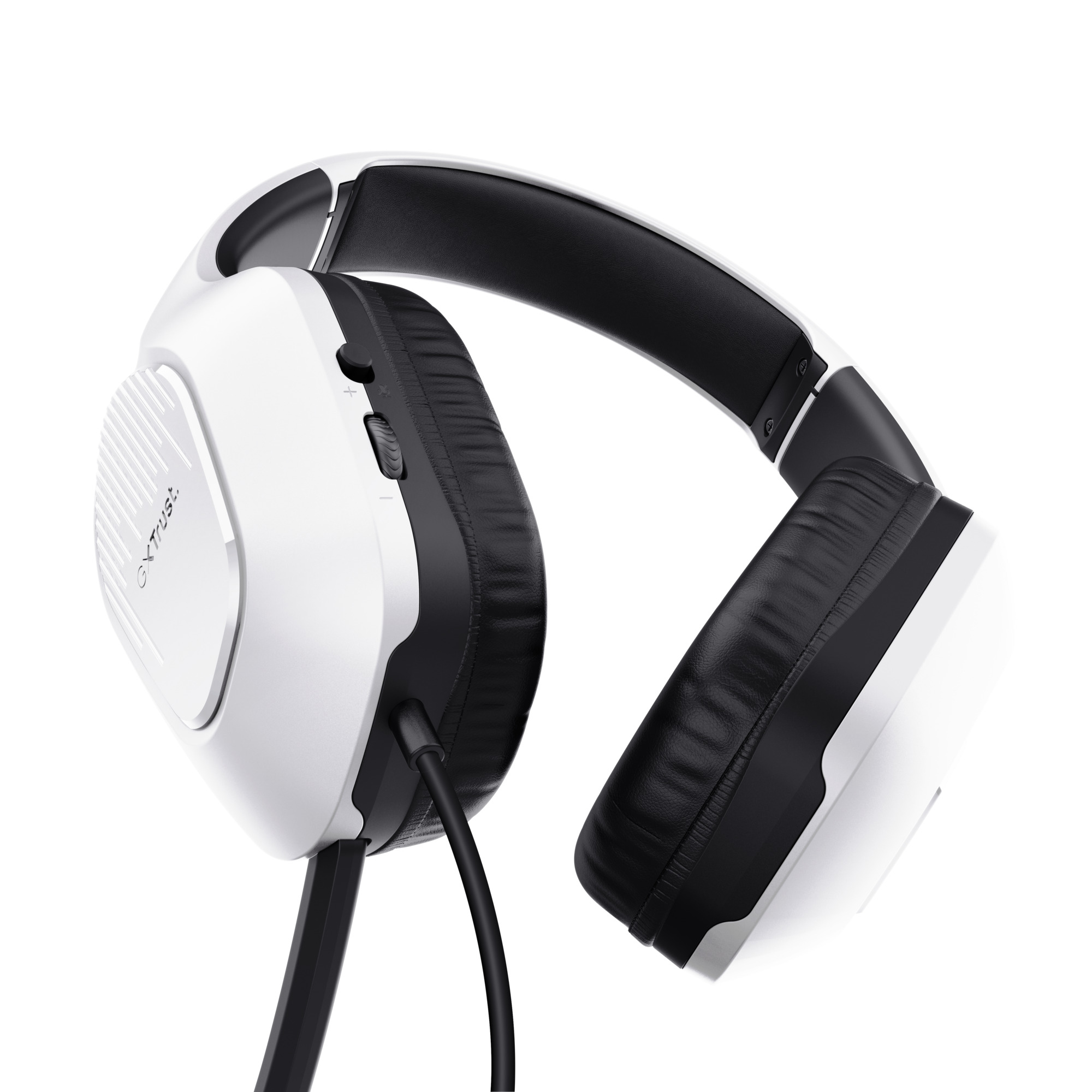 Witte en zwarte gaming-hoofdtelefoon op een witte achtergrond. De hoofdtelefoon heeft een kabel en volumeregelaars.