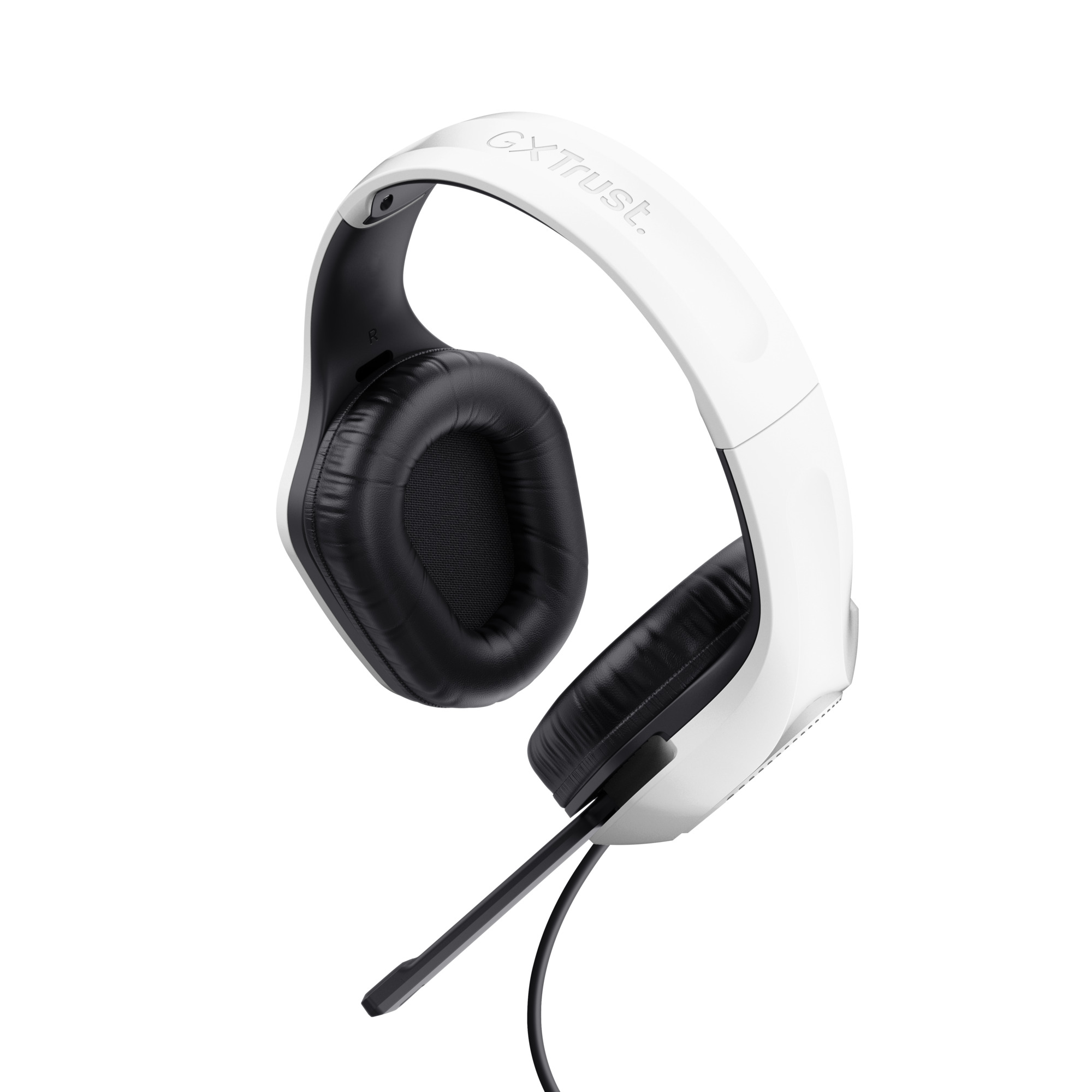 Witte en zwarte gamingheadset. De merknaam 'GXtrust' staat op de hoofdband. Een microfoon steekt uit de linkeroorschelp.