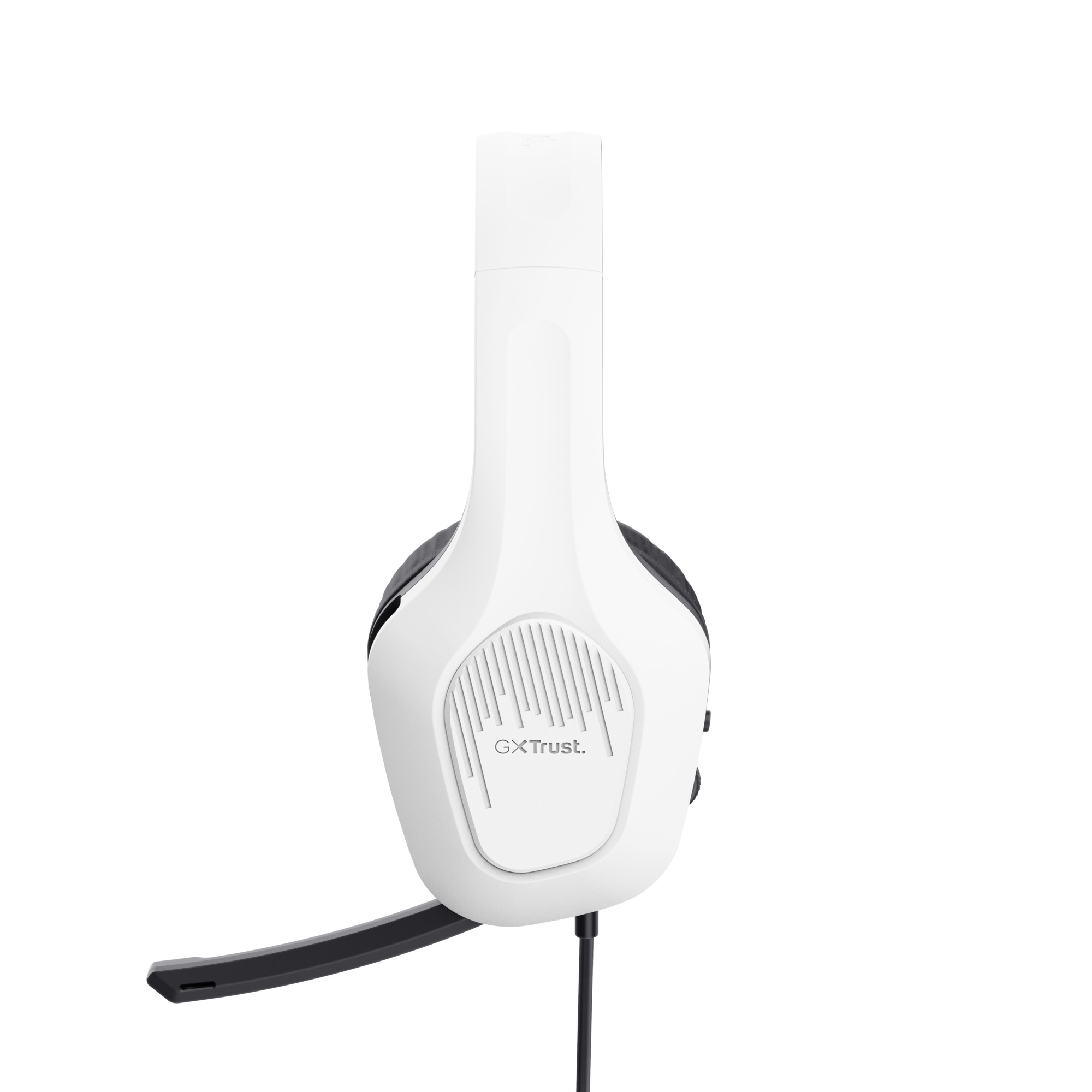 Witte en zwarte gaming headset. Het heeft een microfoon en een draad. De merknaam is GXTrust.