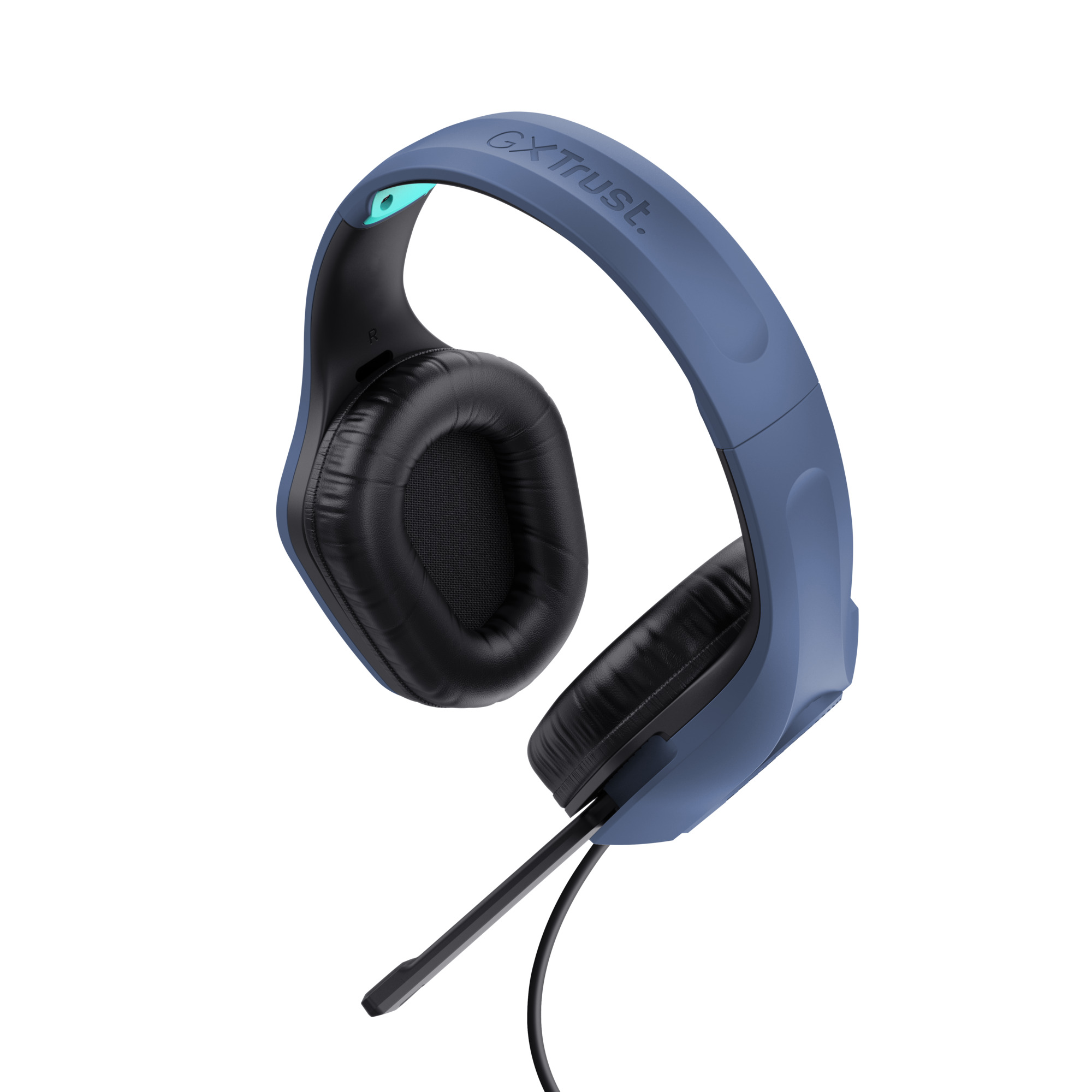 Blauwe en zwarte GXTrust-hoofdtelefoon met microfoon. De hoofdtelefoon staat schuin, met een witte achtergrond.