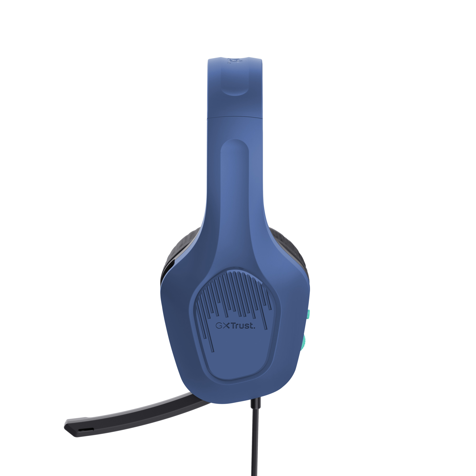 Blauwe en zwarte gamingheadset op een witte achtergrond. Een microfoon loopt uit de linkeroorschelp.