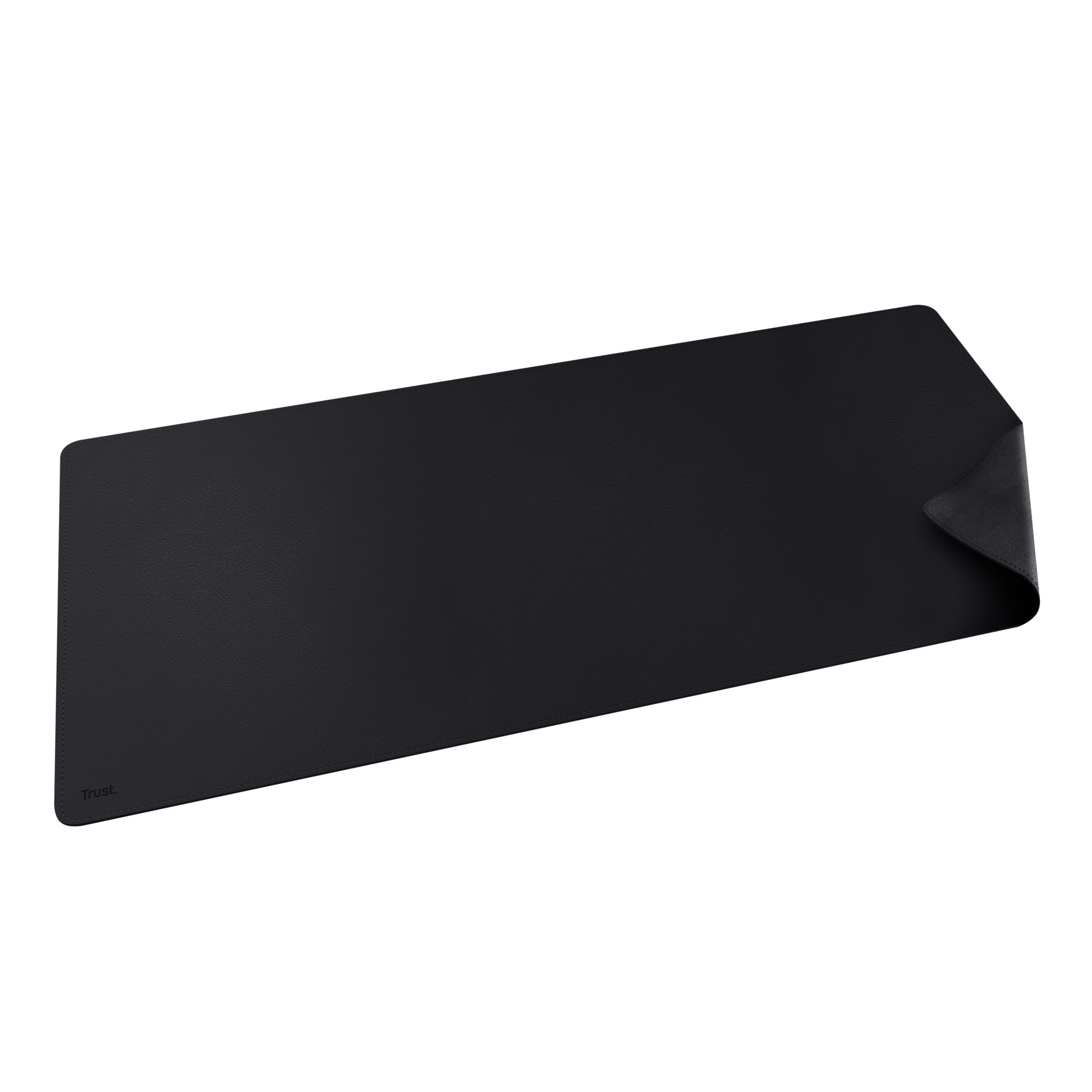 A black Trust mousepad on a black background. The corner is slightly curled up.