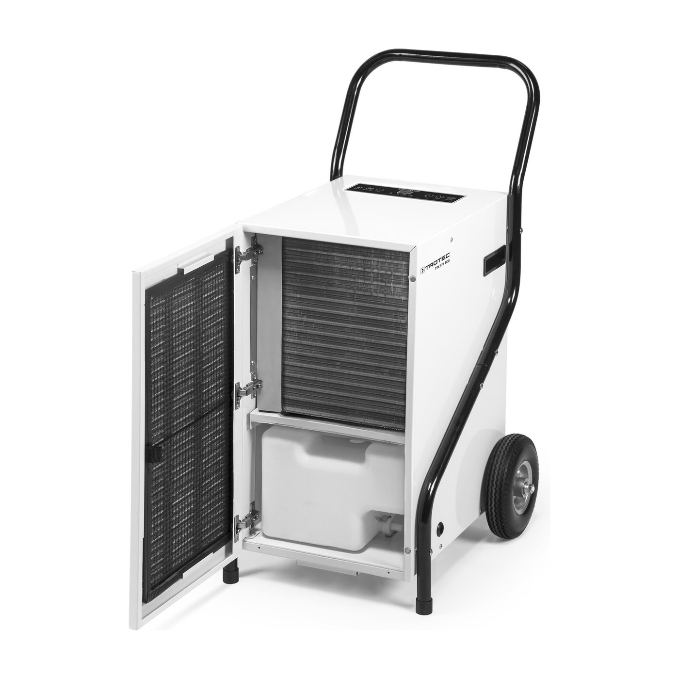 Deumidificatore bianco con porta aperta, maniglia nera e ruote. La porta rivela un filtro e componenti interni. Un serbatoio d'acqua è visibile.