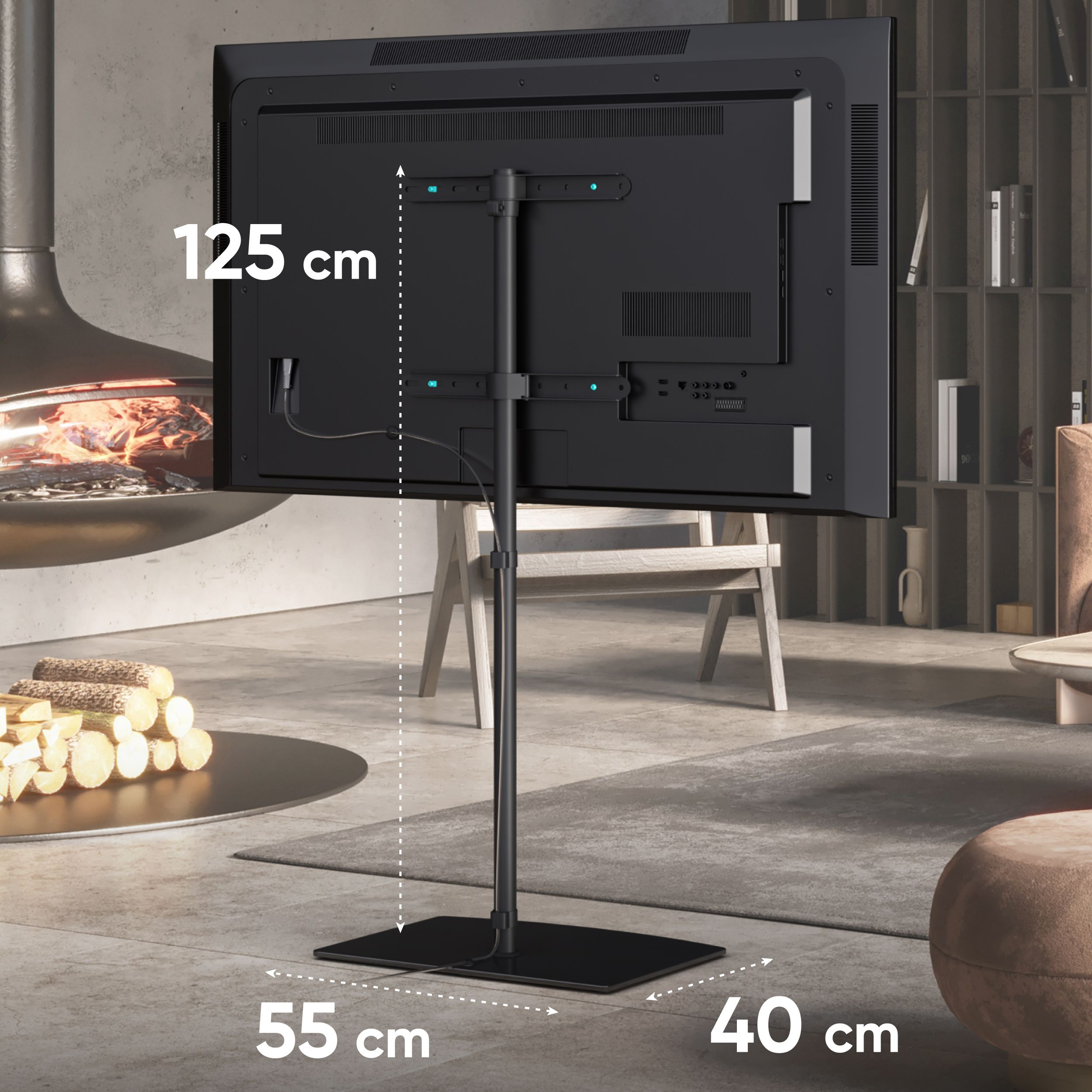 Una TV nera su un supporto, alta 125 cm, in soggiorno. Dimensioni 55 cm e 40 cm. Un camino sullo sfondo.