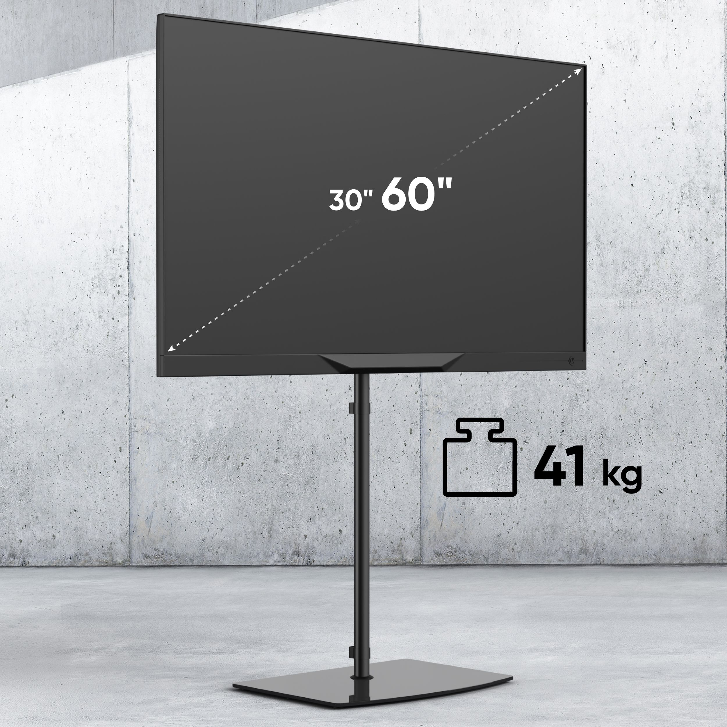 Una TV nera su un supporto. Lo schermo mostra 30" 60". Il supporto pesa 41 kg. Sfondo di cemento grigio.