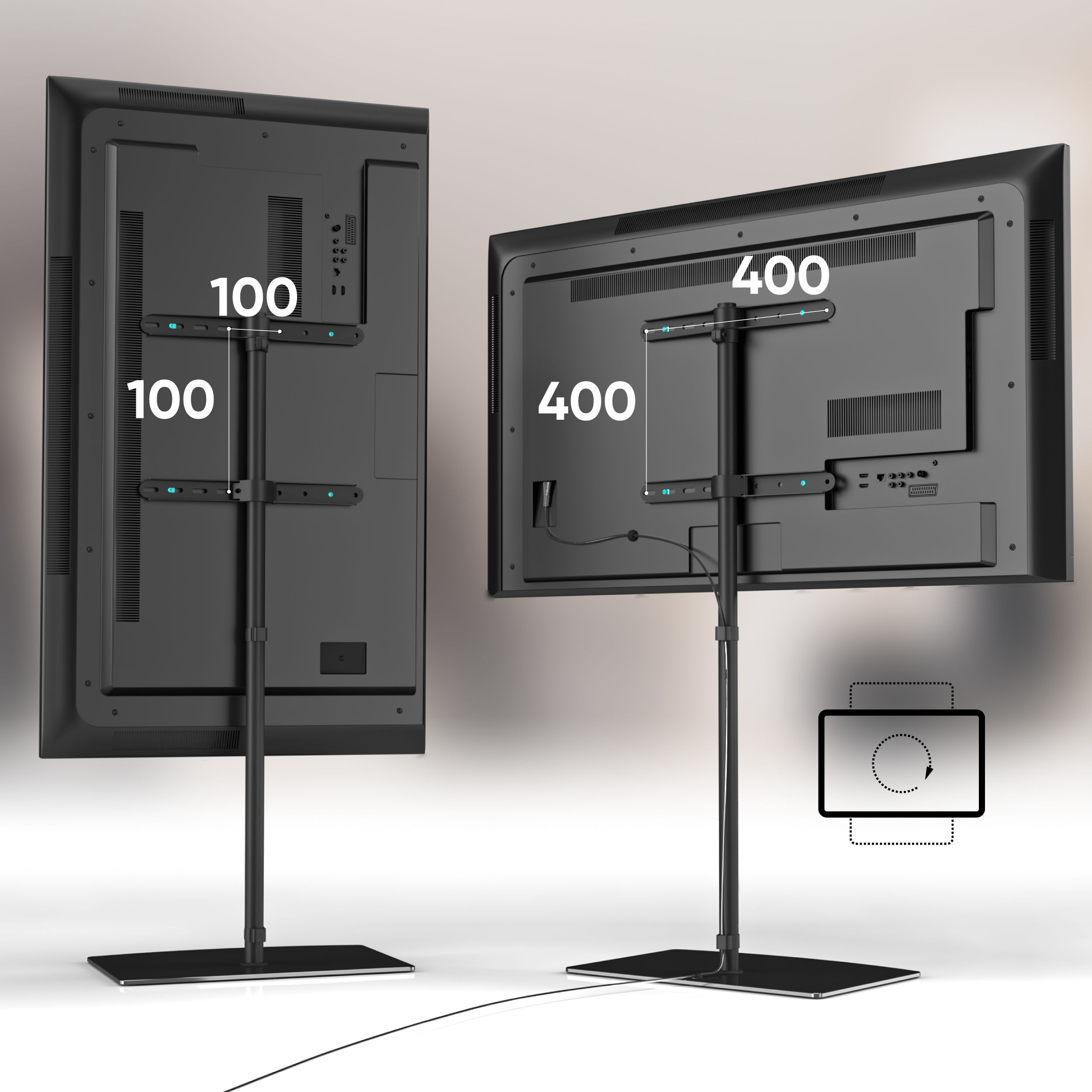 Due TV neri su supporti. Sono visibili le misure 100 e 400. Un tablet mostra un simbolo di caricamento. Cavi neri visibili.