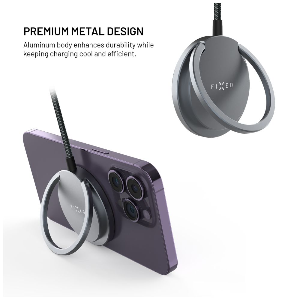 Ein lila Telefon mit silbernem Ringhalter lädt. Ein passender Halter schwebt darüber. Text: 'Premium Metal Design'.