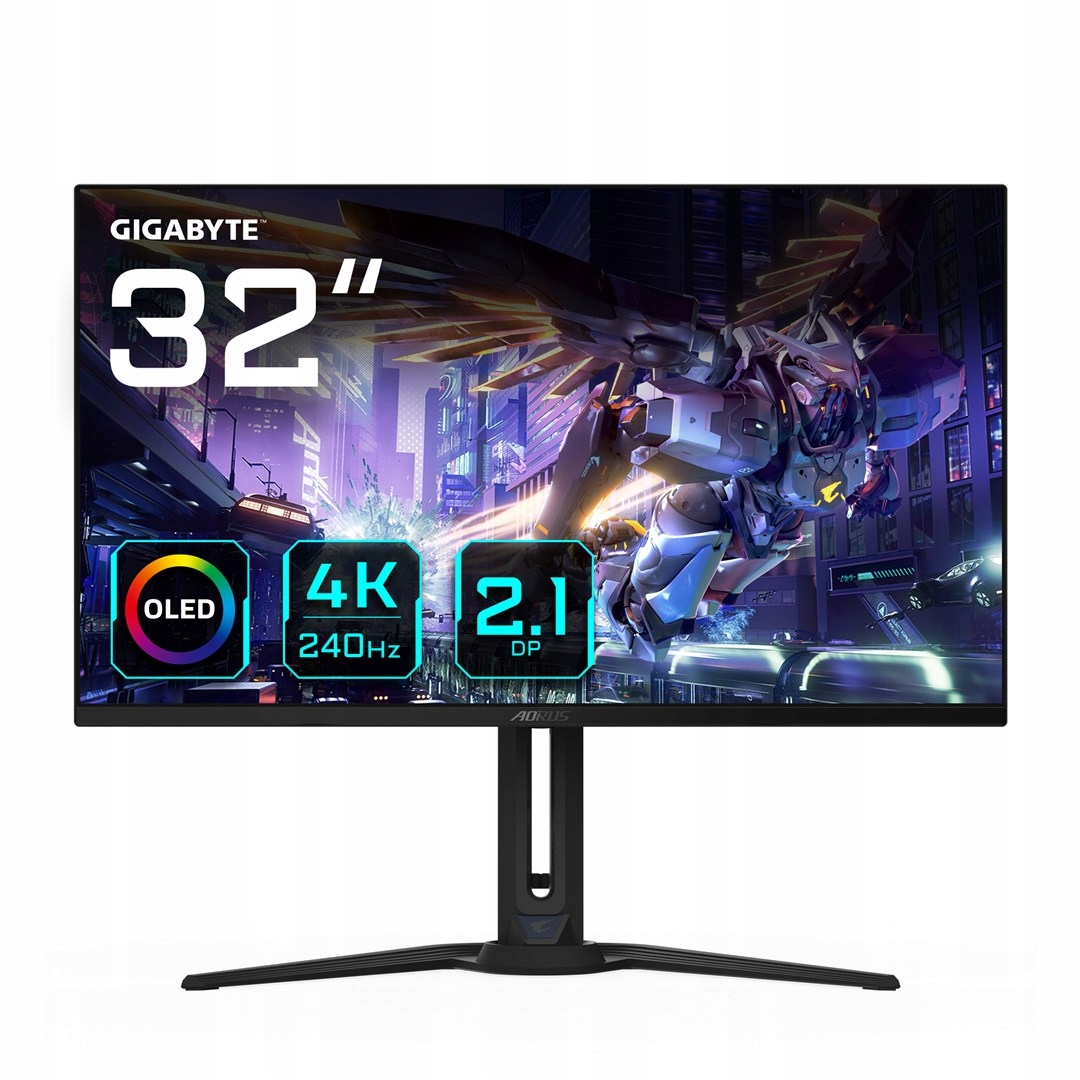 32-calowy monitor OLED Gigabyte wyświetlający futurystyczną scenę. Ma rozdzielczość 4K, częstotliwość odświeżania 240 Hz i DP 2.1. Czarny stojak.