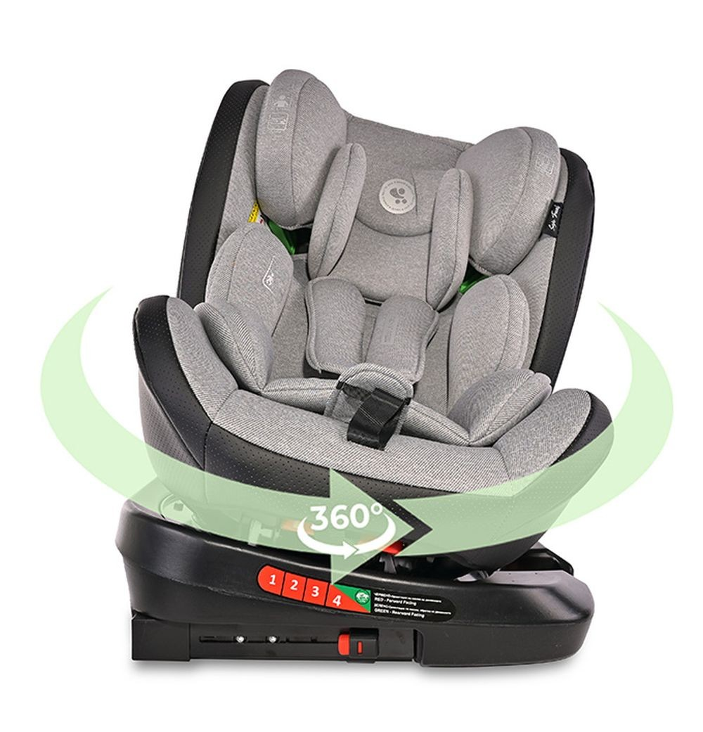 Ein grauer und schwarzer Kindersitz. Er hat eine um 360 Grad drehbare Basis. Er zeigt die Funktionen und Sicherheitsanweisungen des Sitzes.