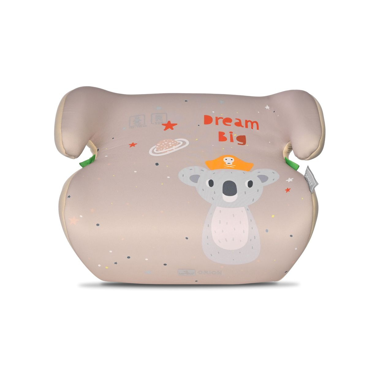 Beiges Autositzkissen mit Koala mit Piratenhut. Der Text 'Dream Big' wird angezeigt. Sterne und Planeten sind ebenfalls sichtbar.