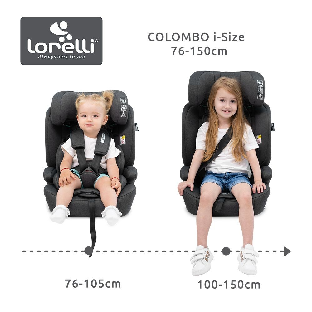 Zwei Kinder sitzen in Autositzen. Das Lorelli-Logo ist sichtbar. Text zeigt Größen 76-105cm und 100-150cm.