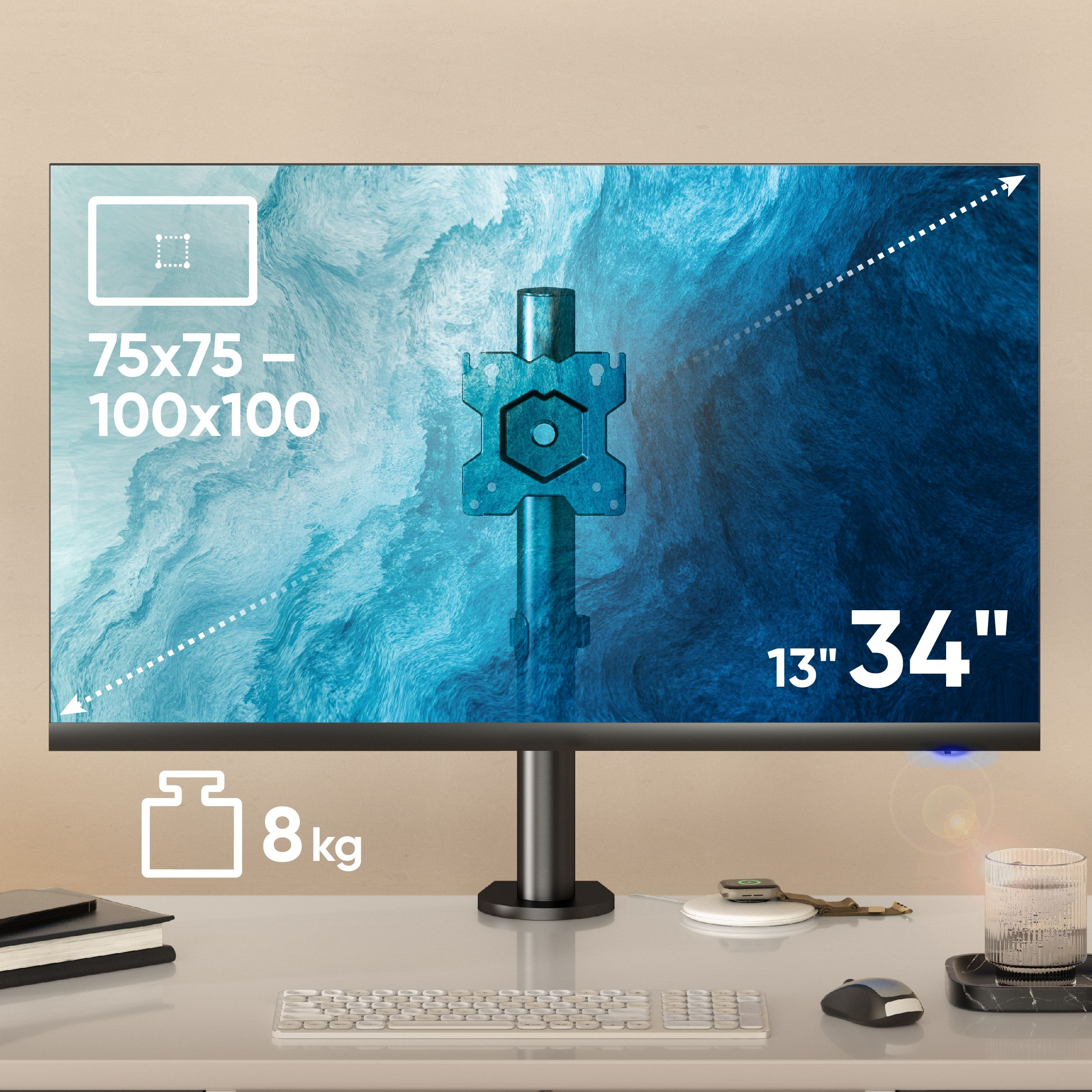 Un monitor está en un escritorio. Muestra especificaciones como tamaño, peso y compatibilidad VESA. Accesorios incluyen teclado, ratón y vaso de agua.