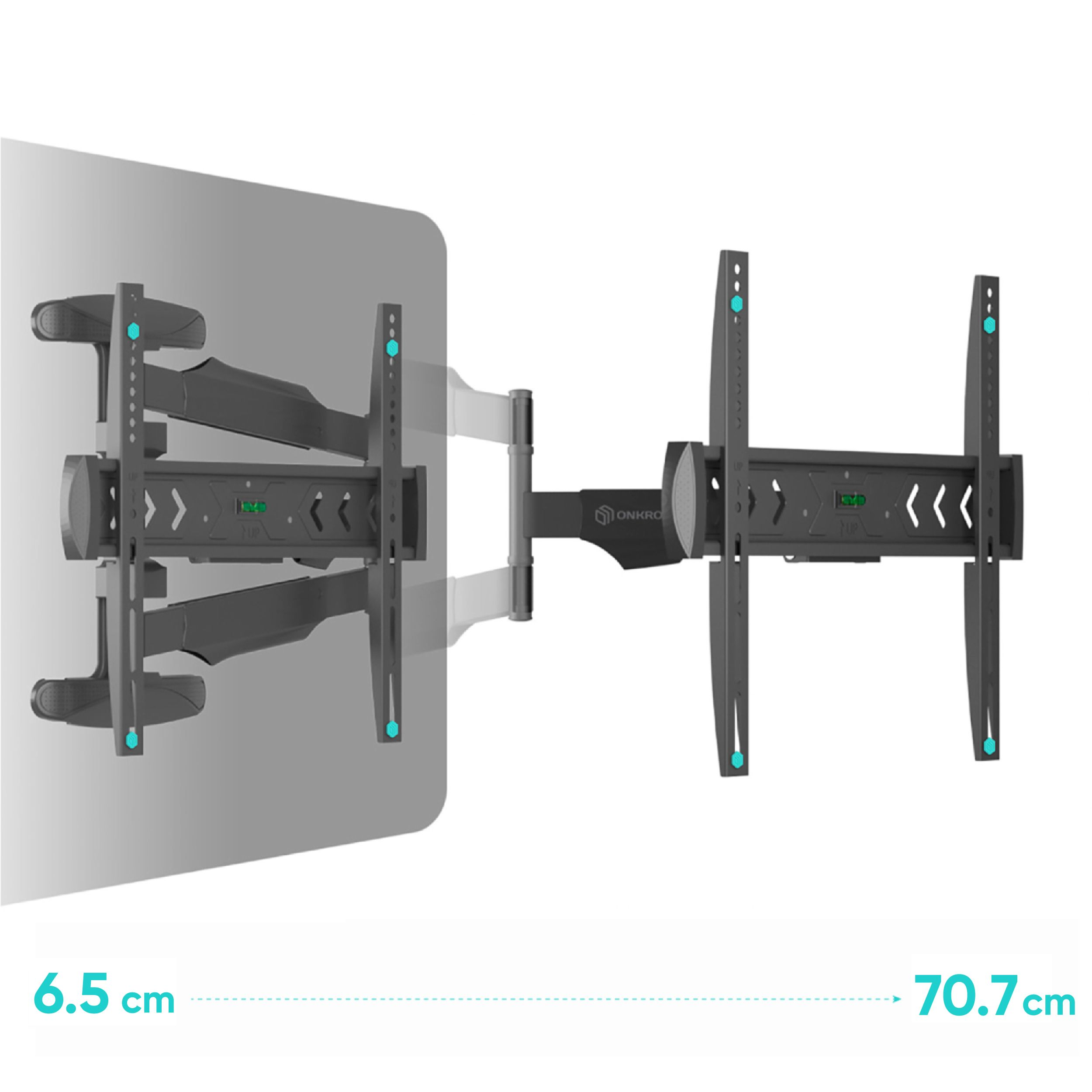 Czarny uchwyt do telewizora na ścianie, z regulowanymi ramionami. Zawiera poziomicę i logo. Odległość wynosi od 6,5 cm do 70,7 cm.