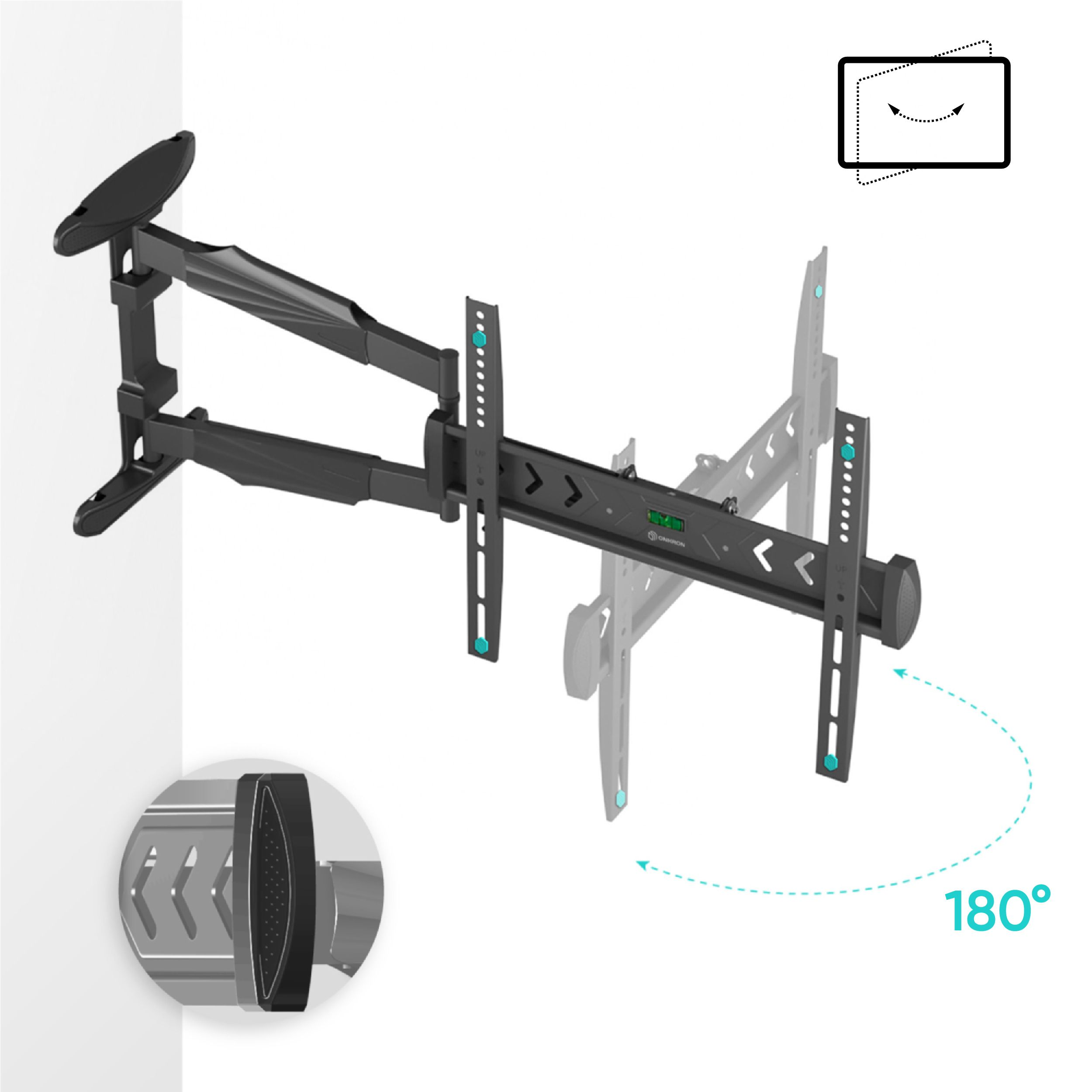 Czarny uchwyt ścienny do telewizora z przegubowymi ramionami, pokazujący obrót o 180 stopni. Zawiera zbliżenia i diagram.