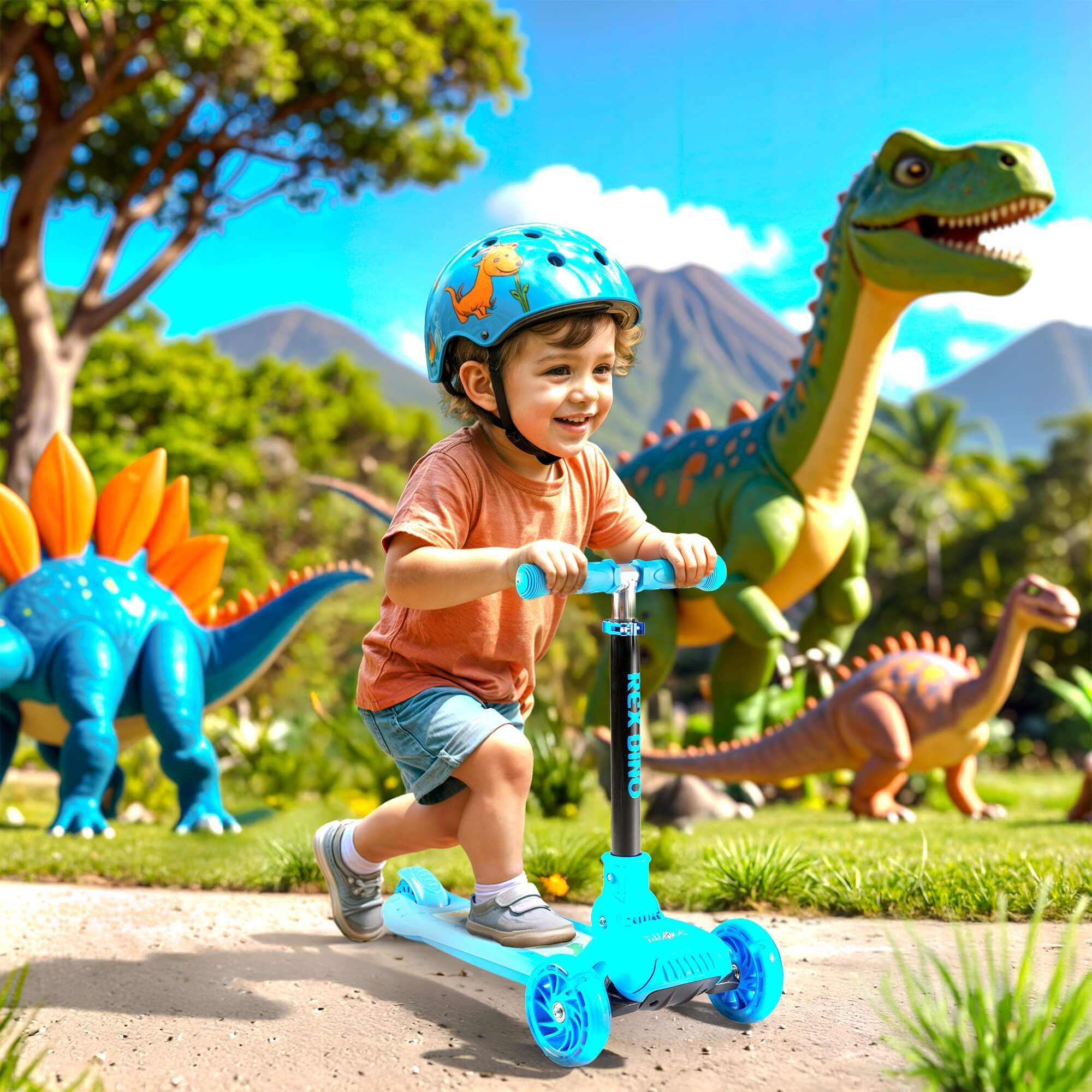 Ein Kind fährt mit einem blauen Roller und lächelt. Dinosaurierfiguren befinden sich im Hintergrund, zusammen mit einem Berg und blauem Himmel.