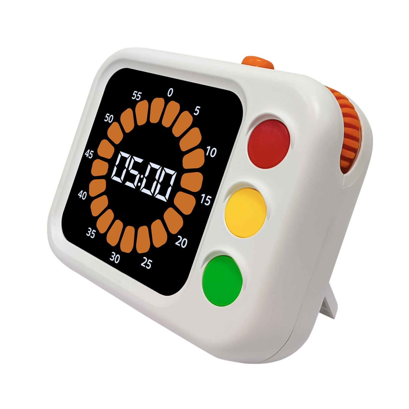 Witte timer met oranje accenten. Toont 05:00 op een digitaal scherm. Heeft rode, gele en groene knoppen.