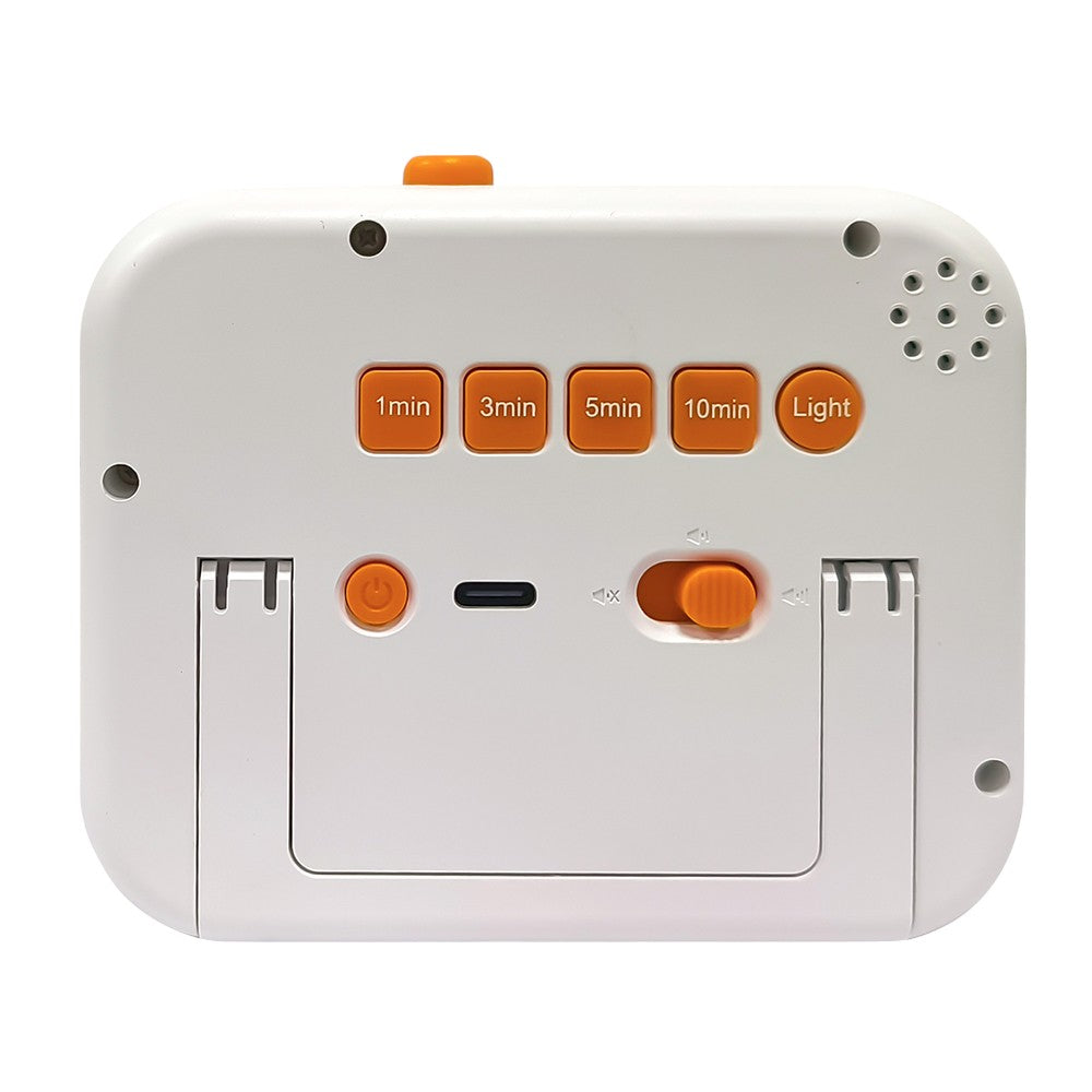 Witte timer met oranje knoppen: 1min, 3min, 5min, 10min, Licht. Oranje schakelaar en aan/uit-knop. Luidsprekergaten rechts.