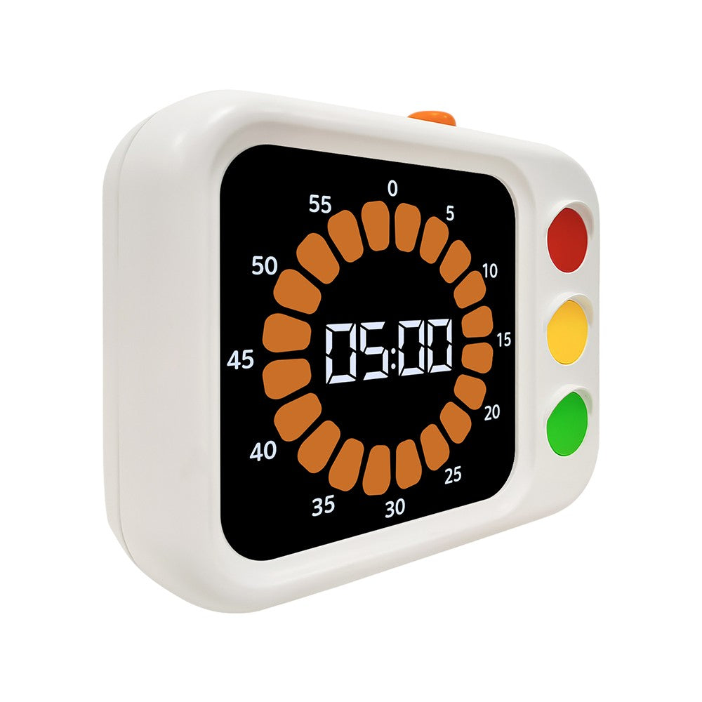 Een witte timer toont 05:00. Het heeft oranje markeringen, met rode, gele en groene knoppen aan de zijkant. Bovenop zit een oranje knop.