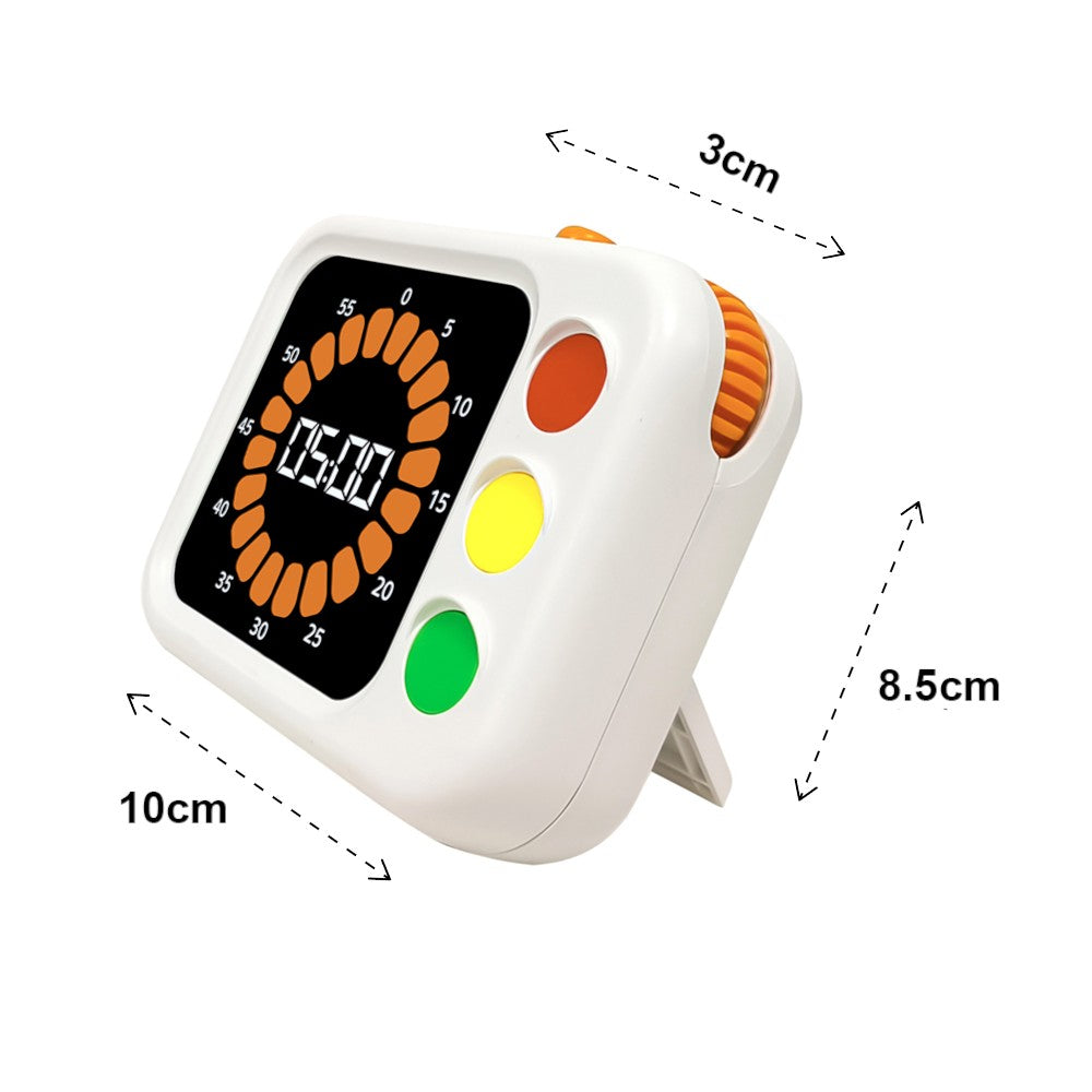 Een witte timer met een oranje wijzerplaat, digitaal display met 05:00 en drie gekleurde knoppen. Afmetingen in cm.