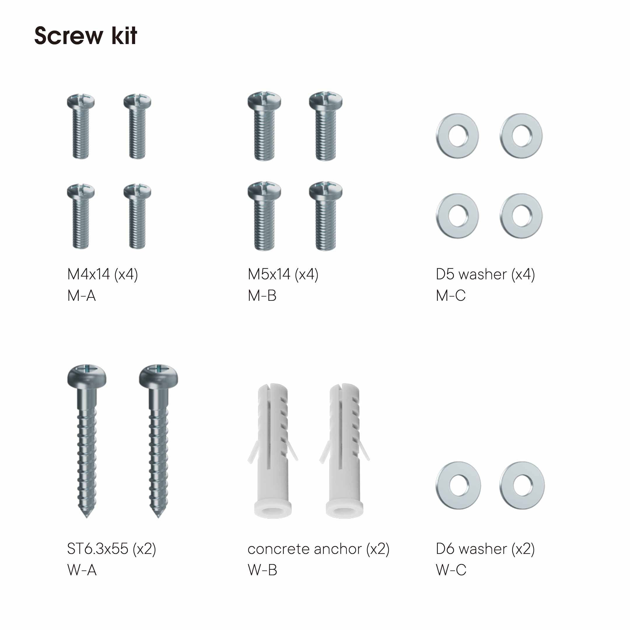 Een schroevenset met diverse schroeven, ringen en betonankers, gerangschikt op een witte achtergrond. Labels tonen de grootte van elk onderdeel.