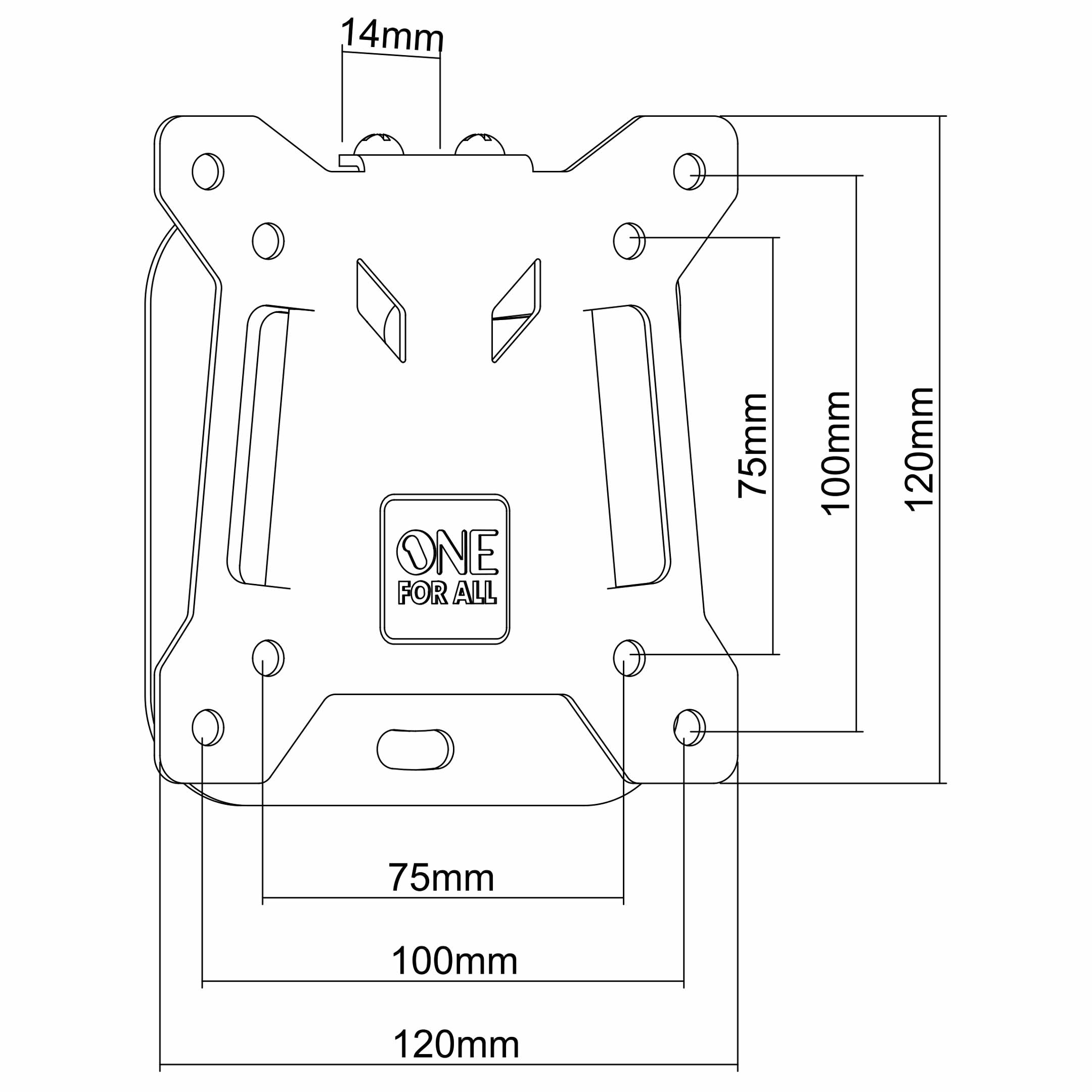 Technische tekening van een beugel. Afmetingen staan aangegeven: 14 mm, 75 mm, 100 mm, 120 mm. Met 'ONE FOR ALL' logo.