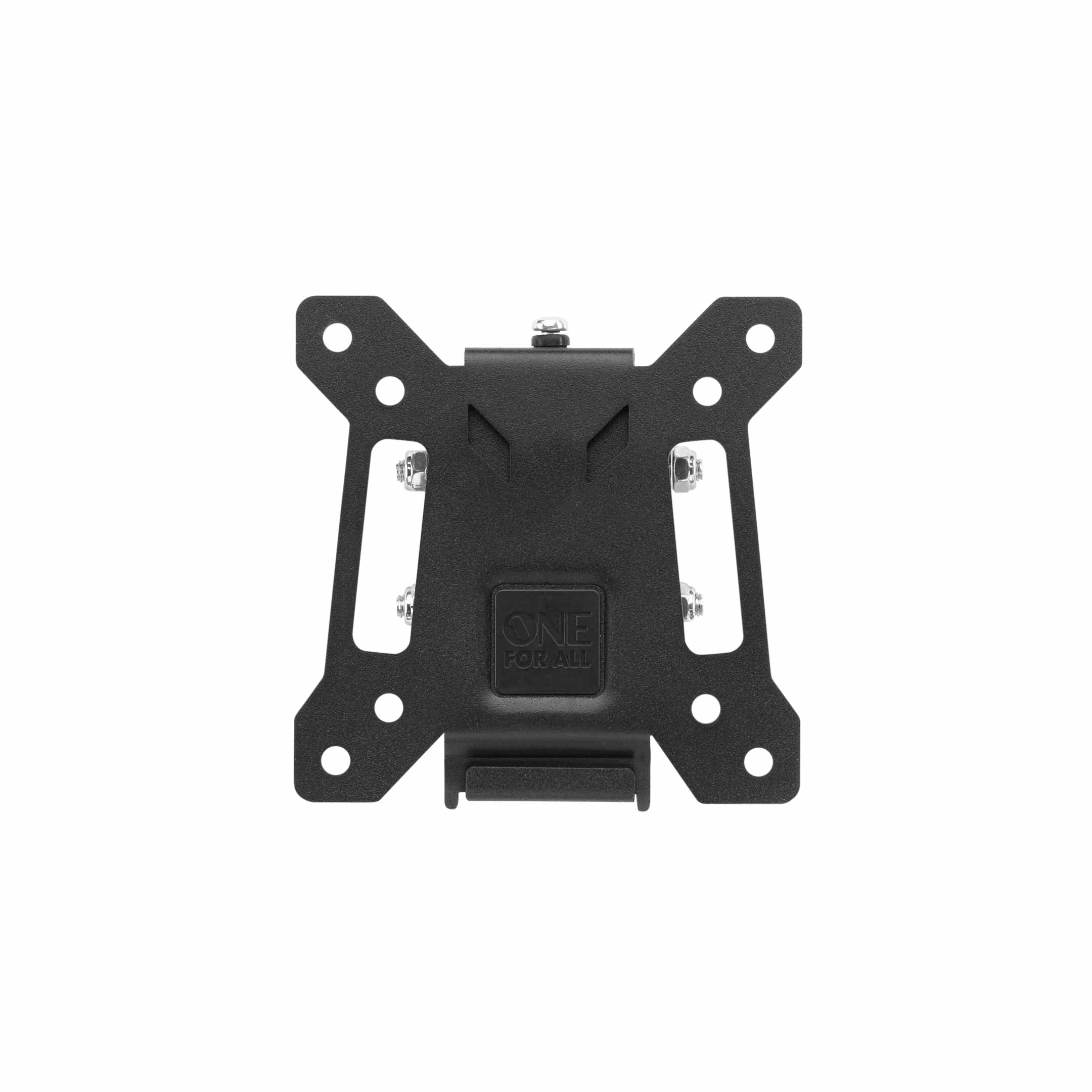 Black metal TV bracket with multiple holes for mounting. It has the brand name "ONE FOR ALL" on it.