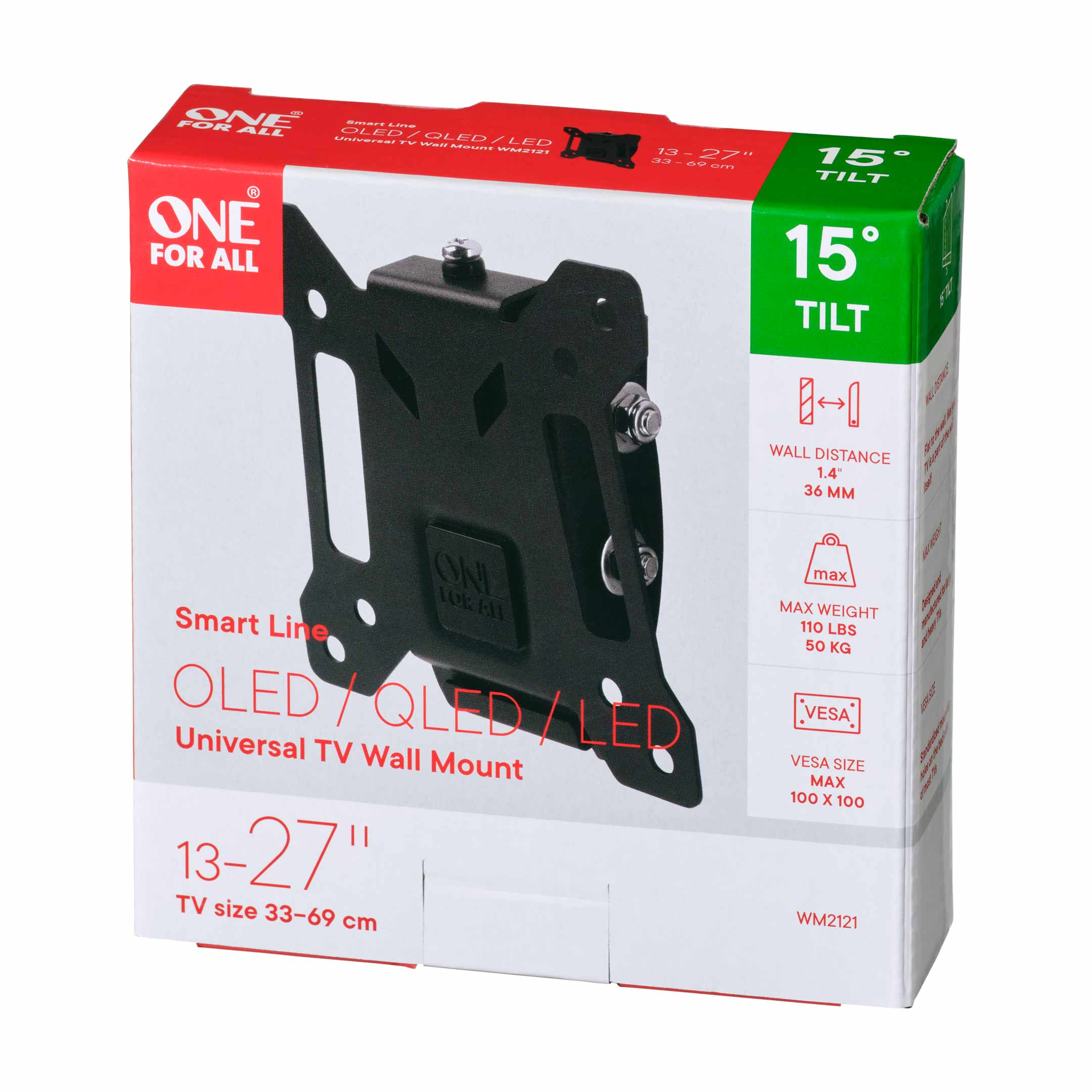 Box with black TV wall mount. Features 'ONE FOR ALL' branding and specifications: 13-27" TVs, 15° tilt, and VESA size.