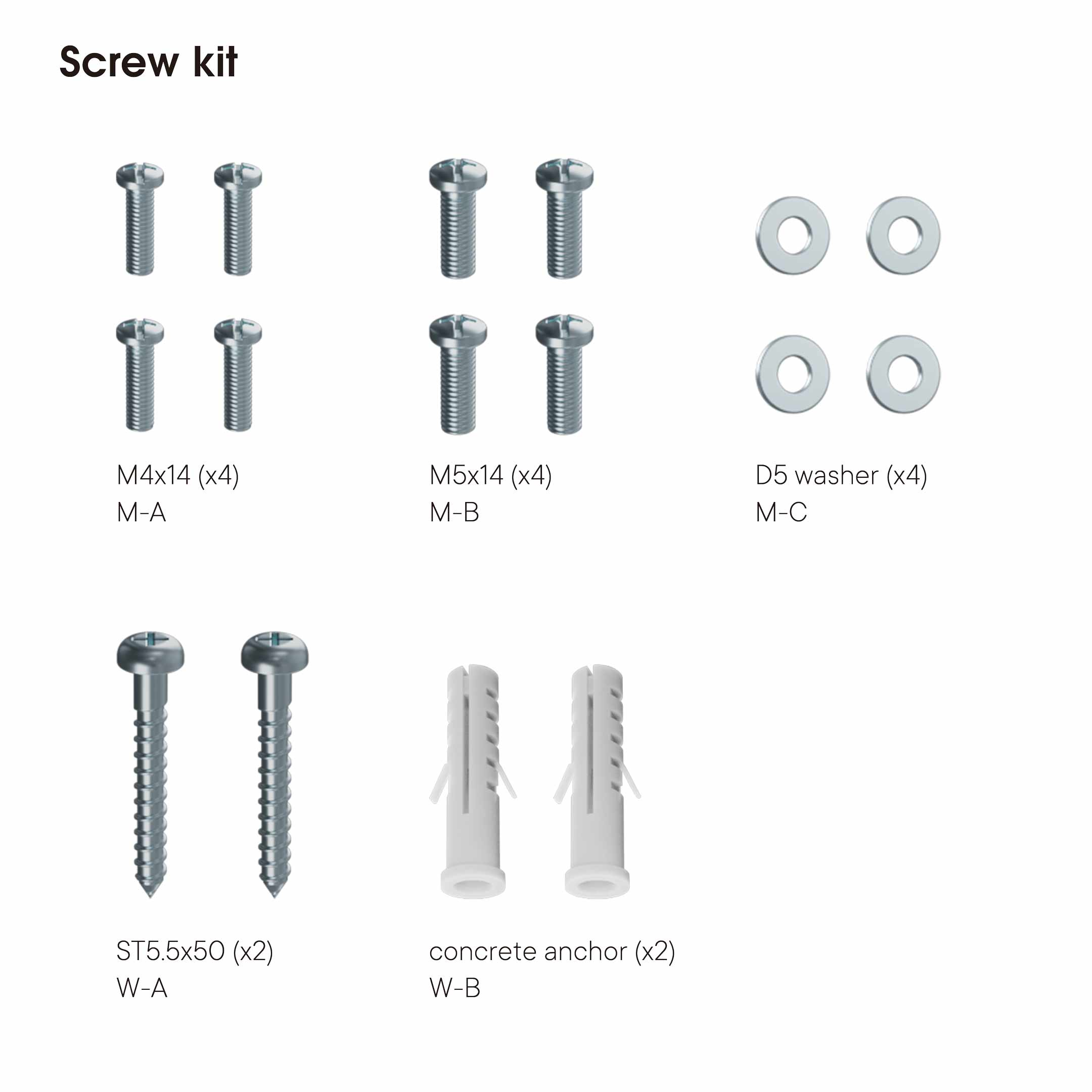 Screw kit with various screws, washers, and concrete anchors. Labels indicate sizes and quantities of each component.
