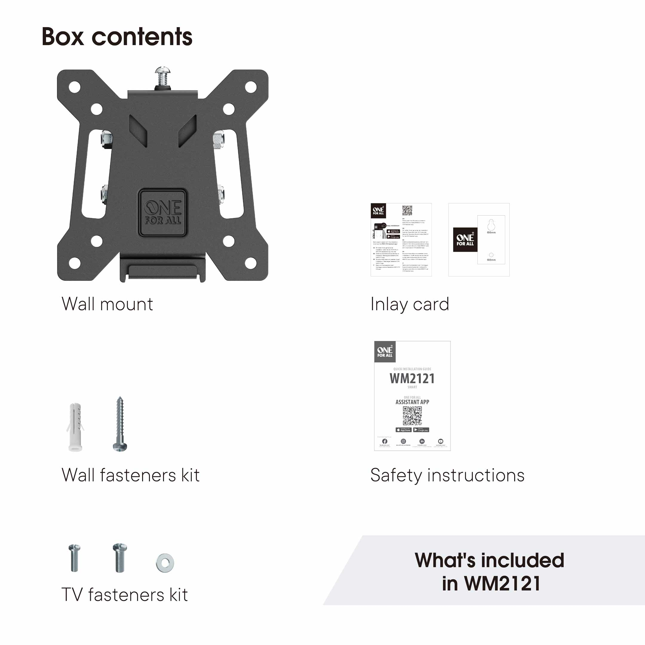 Contents of box: wall mount, inlay card, wall fasteners, safety instructions, TV fasteners. All on white background.