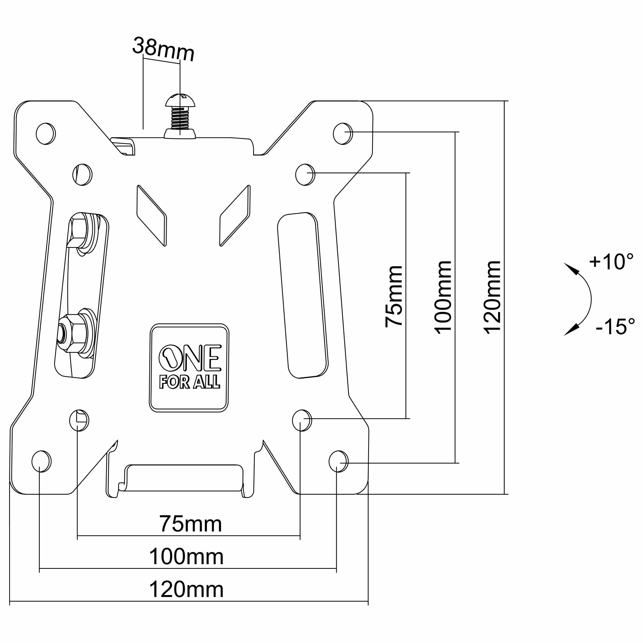 Technical drawing of a metal bracket with dimensions labeled in millimeters, including a logo that says 'ONE FOR ALL'.