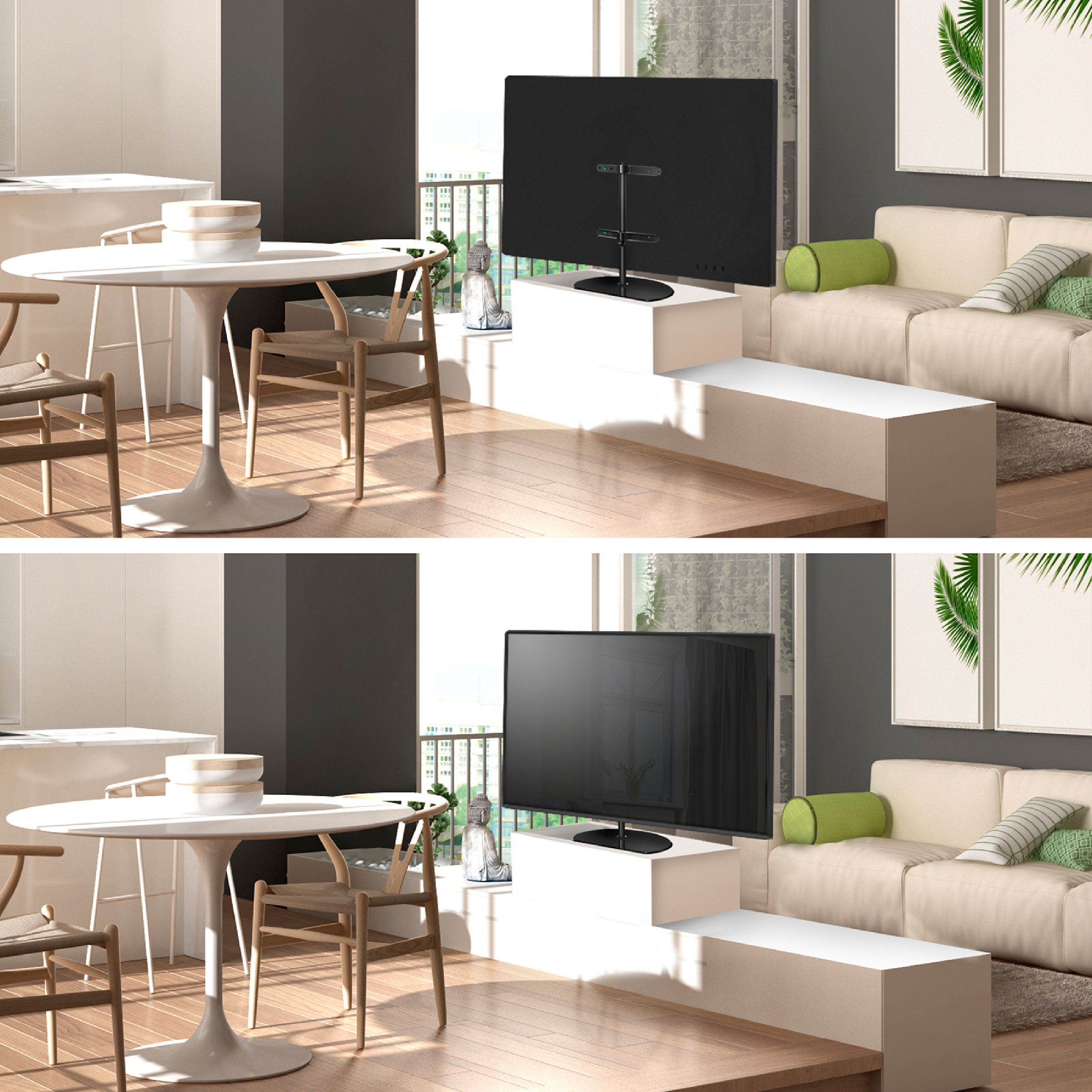 Wohnzimmerszene mit Fernseher, Sofa, Tisch und Stühlen. Heller Holzboden, weiße Wände und Blick auf einen Balkon.