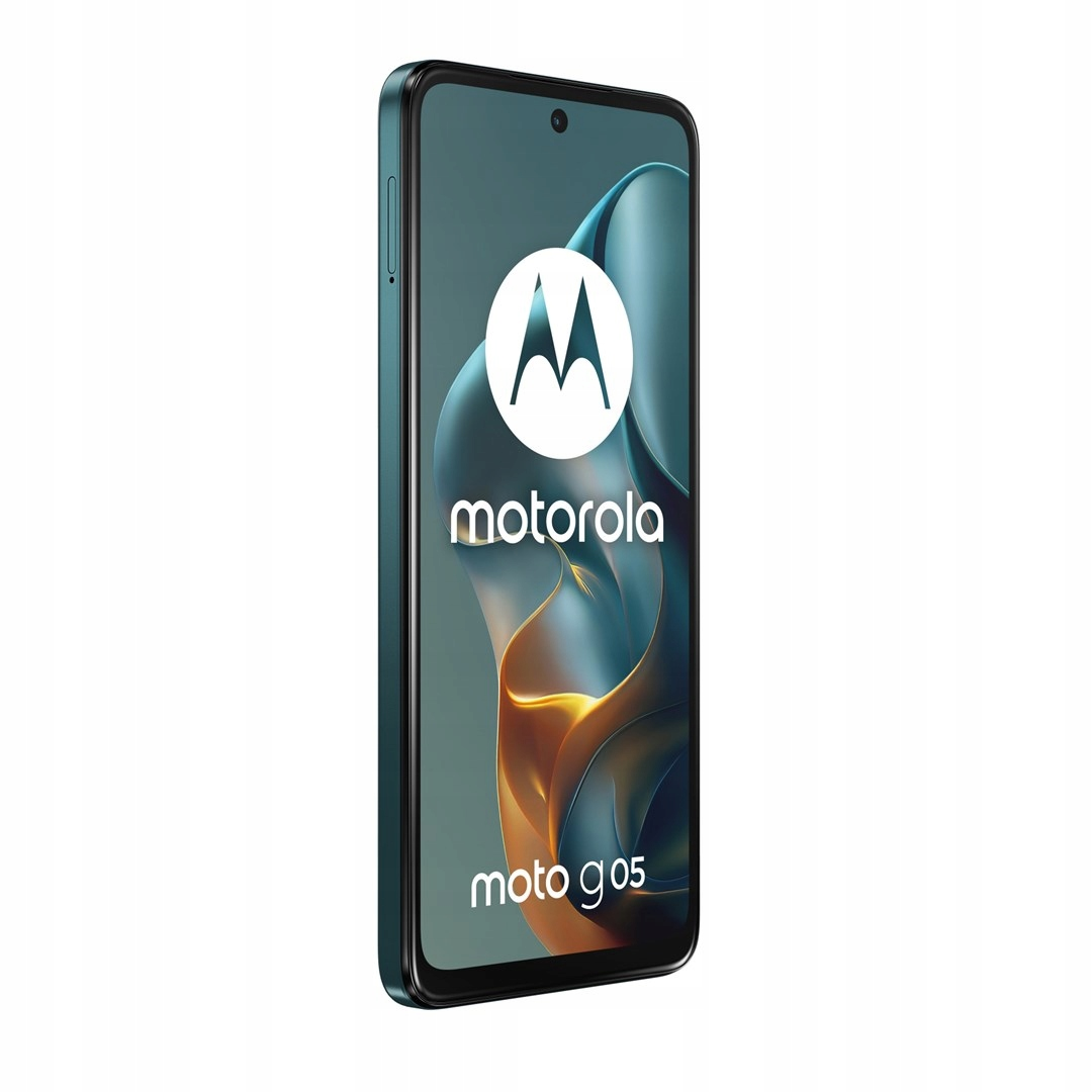 Smartfon Motorola Moto G05, turkusowa ramka, ekran wyświetla logo Motorola, z falistym tłem.