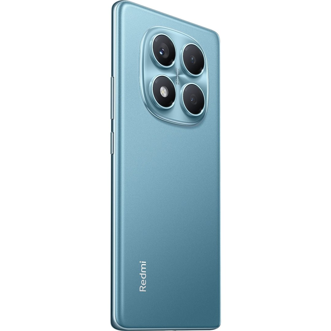 Teléfono Redmi azul, cuatro cámaras traseras. El logotipo de Redmi está abajo. Botones de volumen y encendido al lado.